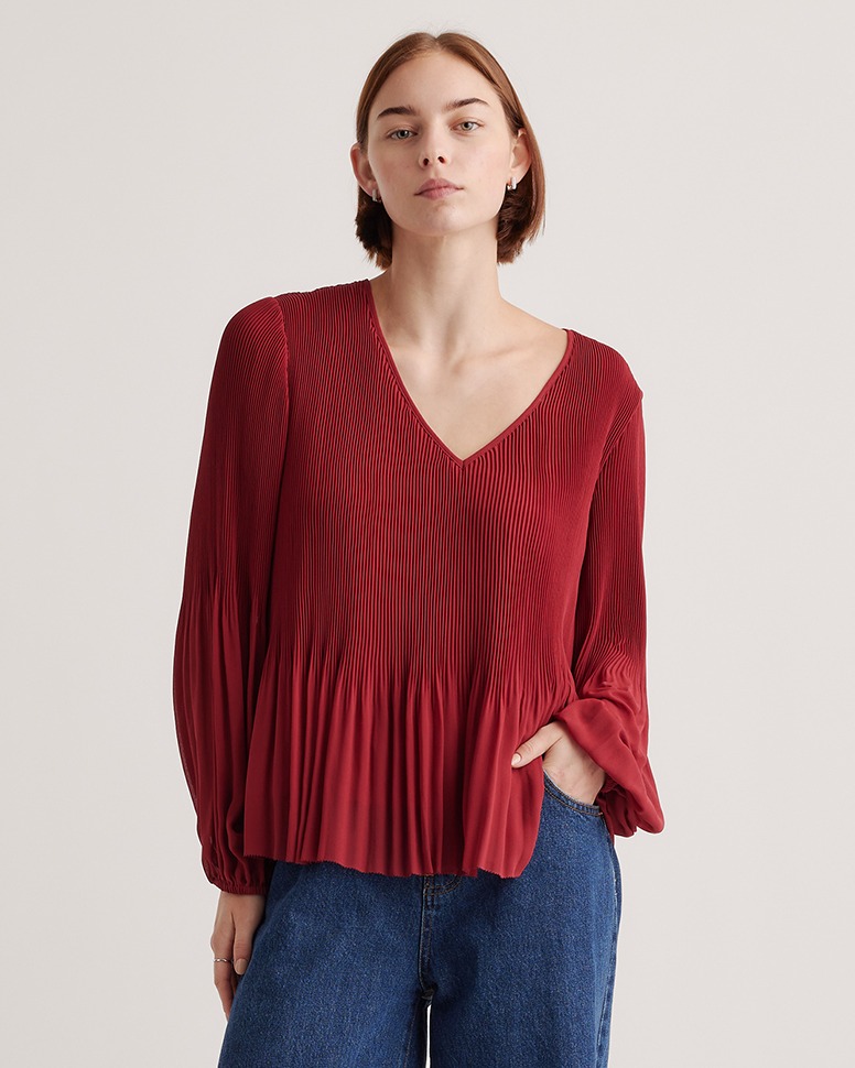 Bright Burgundy Chiffon Pleated V-Neck Blouse 