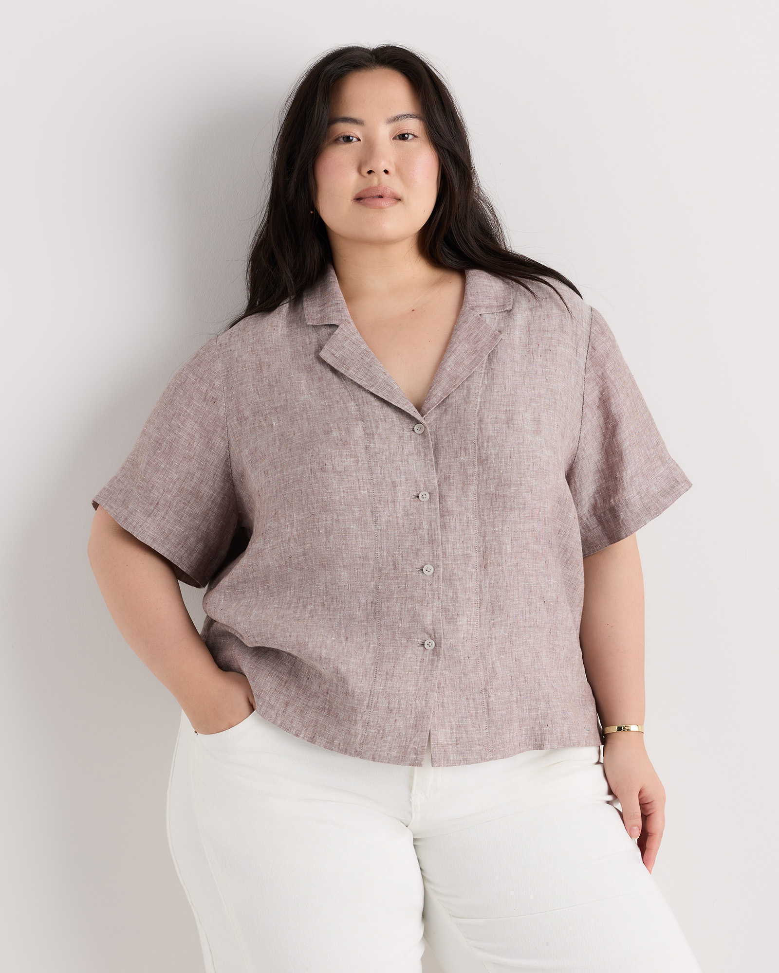 Taupe Brown Chambray 100% European Linen Short Sleeve Shirt