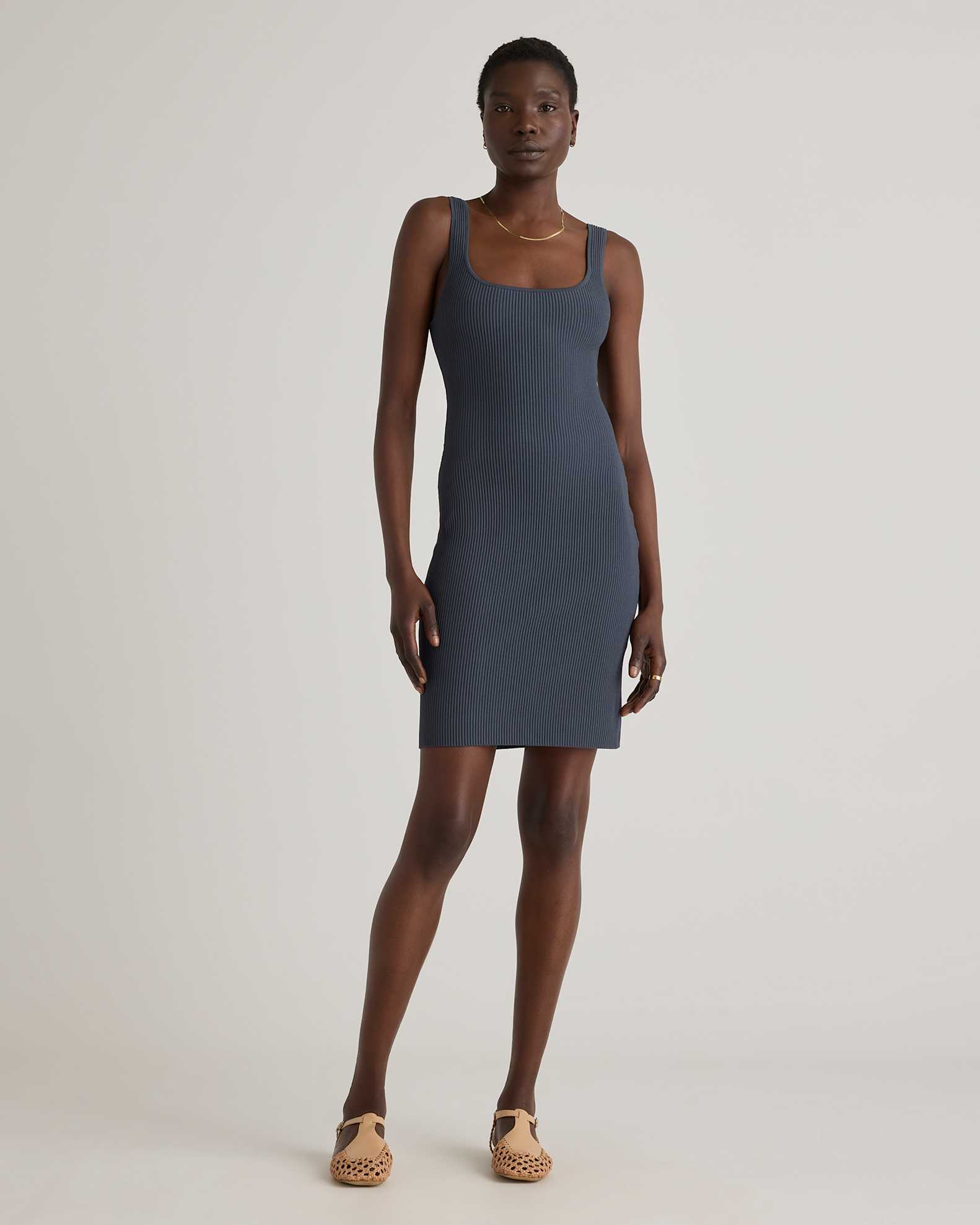 Quince Women's Square Neck Ribbed Knit Mini Dress, Curve-Hugging Fit, Size XL, Grey, Made from Recycled Nylon/Polyester/Spandex Quince Women's Square Neck Ribbed Knit Mini Dress, Curve-Hugging Fit, Size XL, Grey, Made from Recycled Nylon/Polyester/Spandex