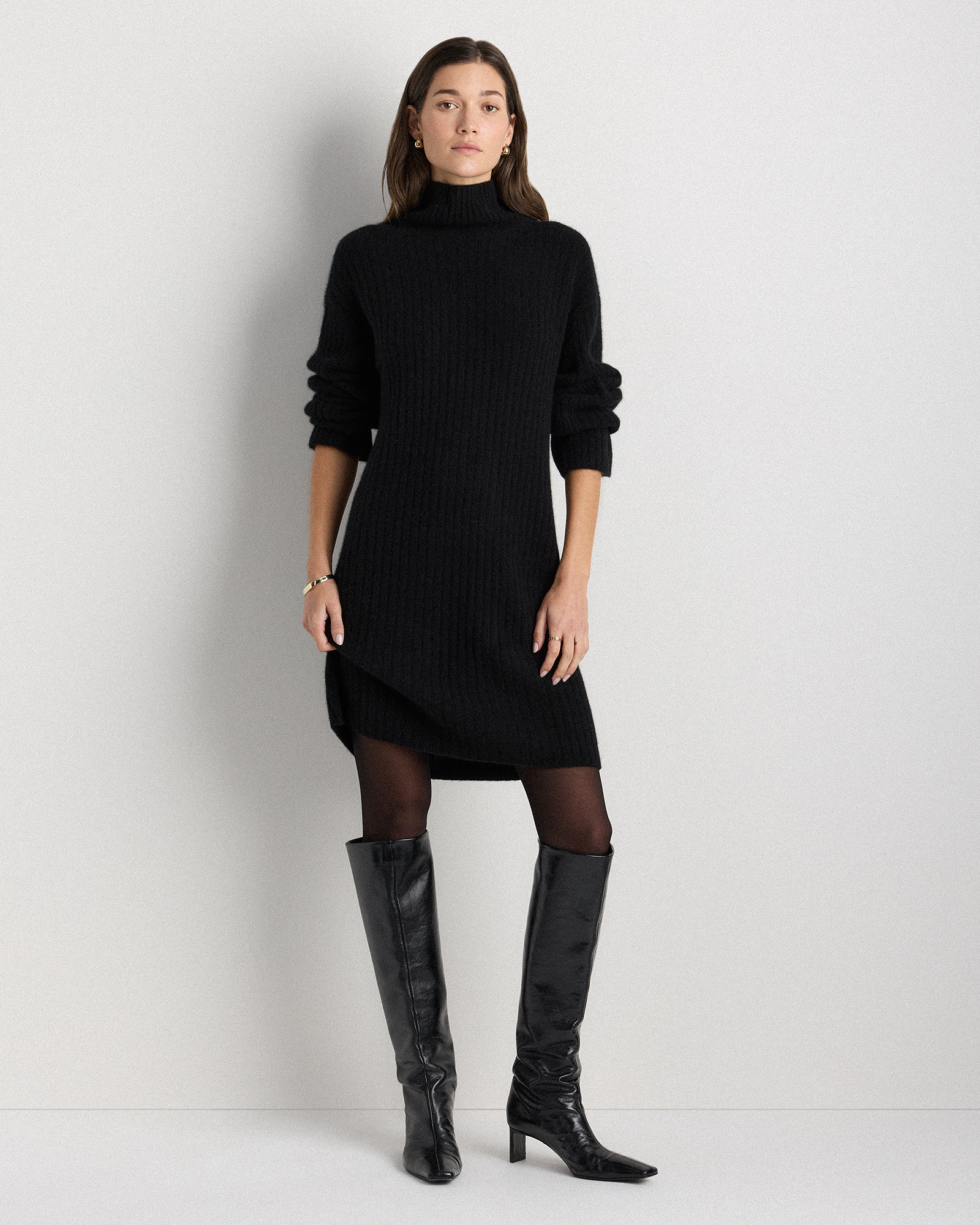 Women's Mongolian Cashmere Ribbed Turtleneck Mini Dress in Black, Size Small by Quince