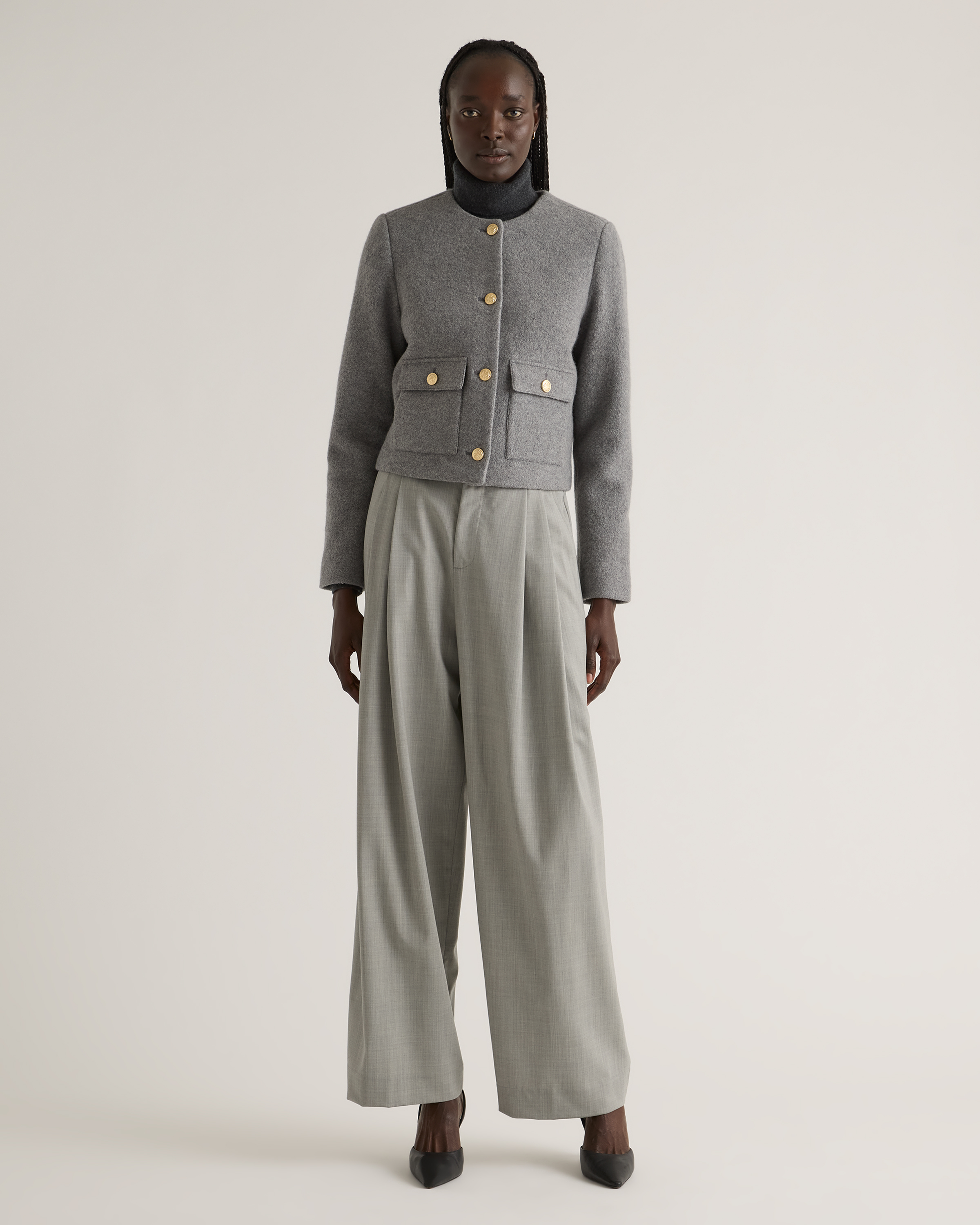 100% Merino Wool Collarless Cropped Jacket in Heather Grey