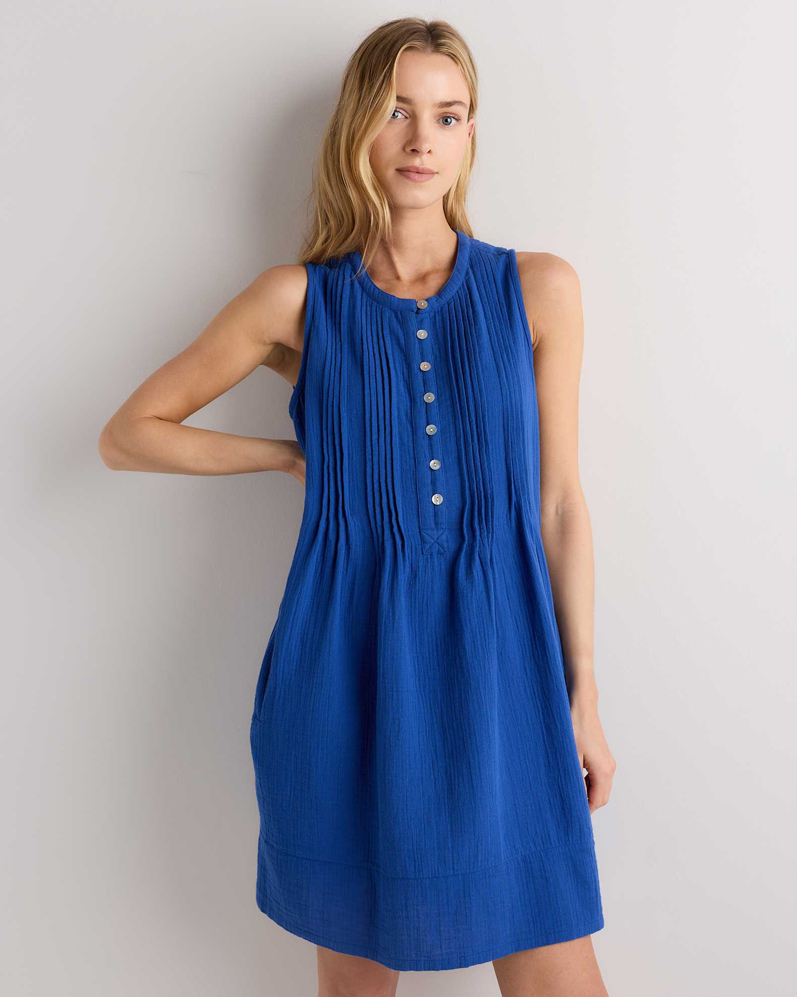 100% Organic Cotton Gauze Sleeveless Swing Dress in Orchid Blue 100% Organic Cotton Gauze Sleeveless Swing Dress in Orchid Blue