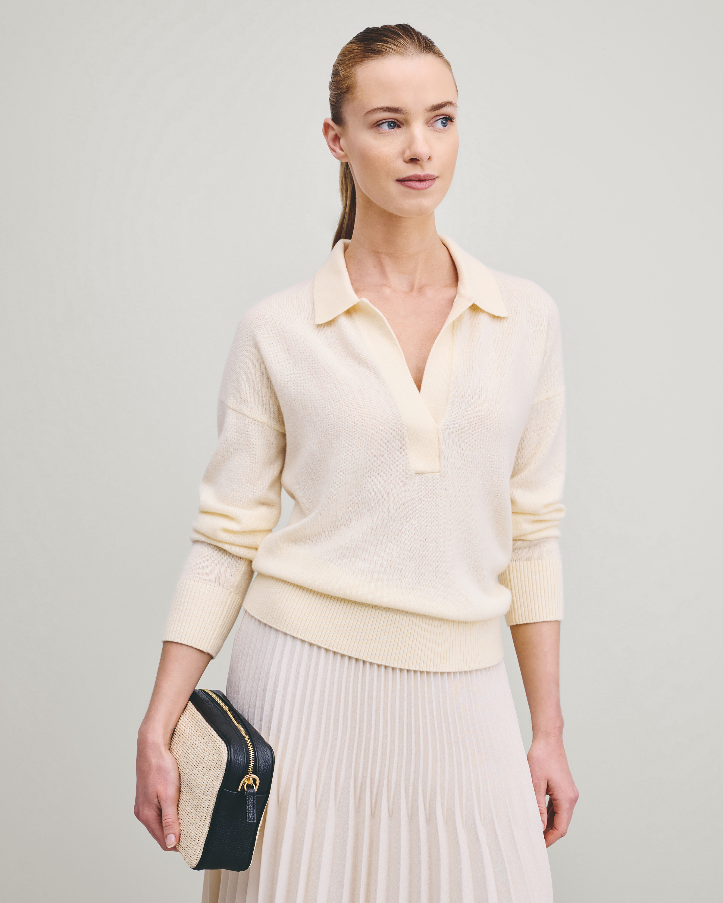 トップス 25AW cash&barba Mongolian Cashmere POLO Women's Mongolian Cashmere Polo Sweater in Ivory