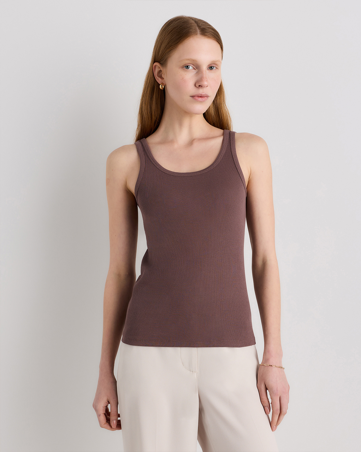 Taupe Brown Organic Cotton Micro-Rib Scoop Neck Tank
