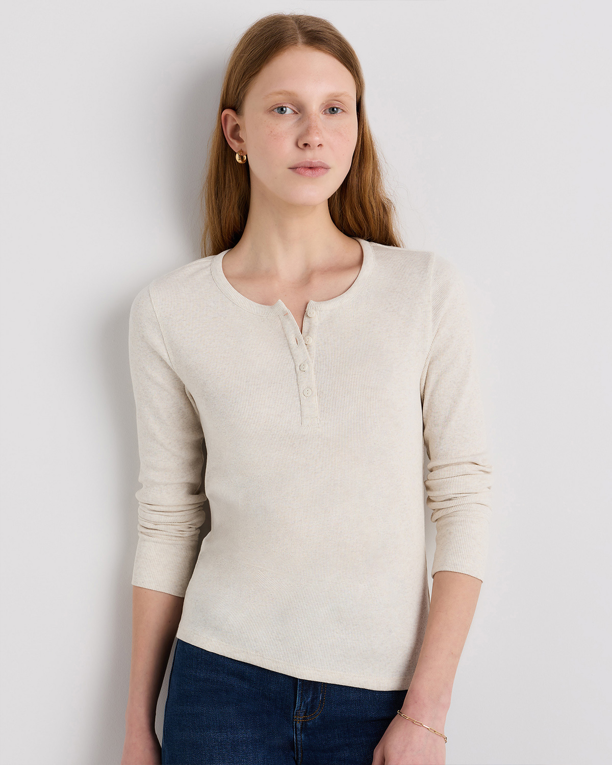 Heather Oatmeal Organic Cotton Micro-Rib Henley Long Sleeve Tee