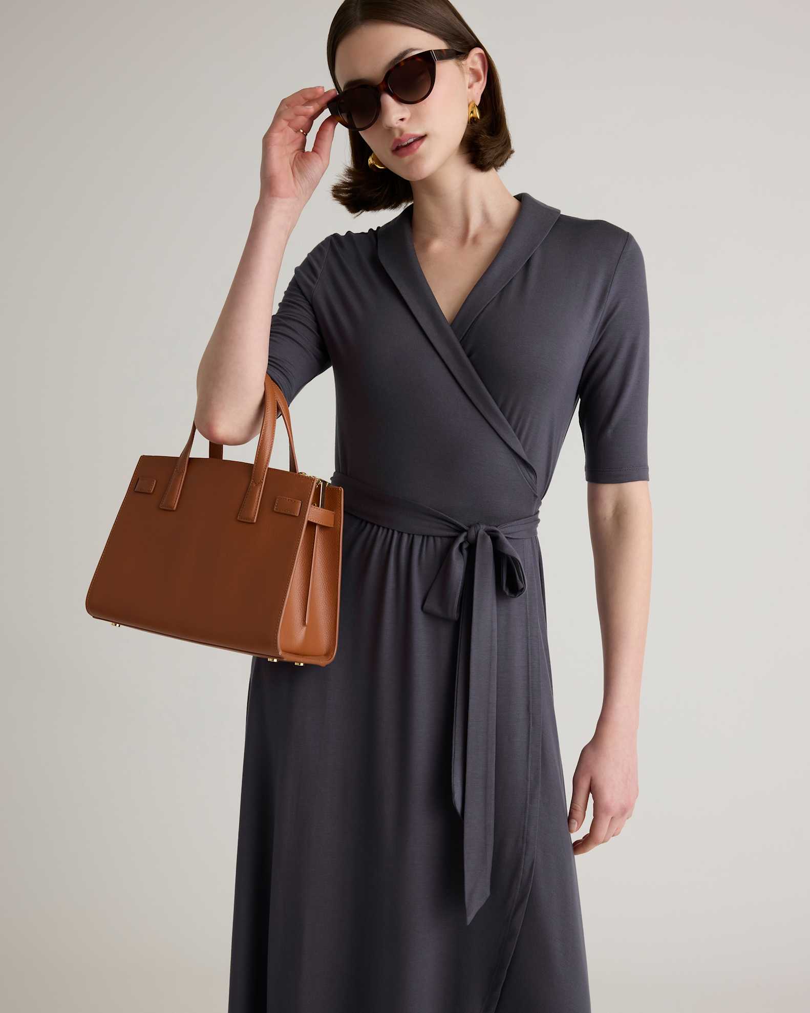 Quince Women's Tencel Jersey Midi Wrap Dress, Carbon Grey, Size XS - Eco-Friendly, Comfortable, Modern Length Quince Women's Tencel Jersey Midi Wrap Dress, Carbon Grey, Size XS - Eco-Friendly, Comfortable, Modern Length