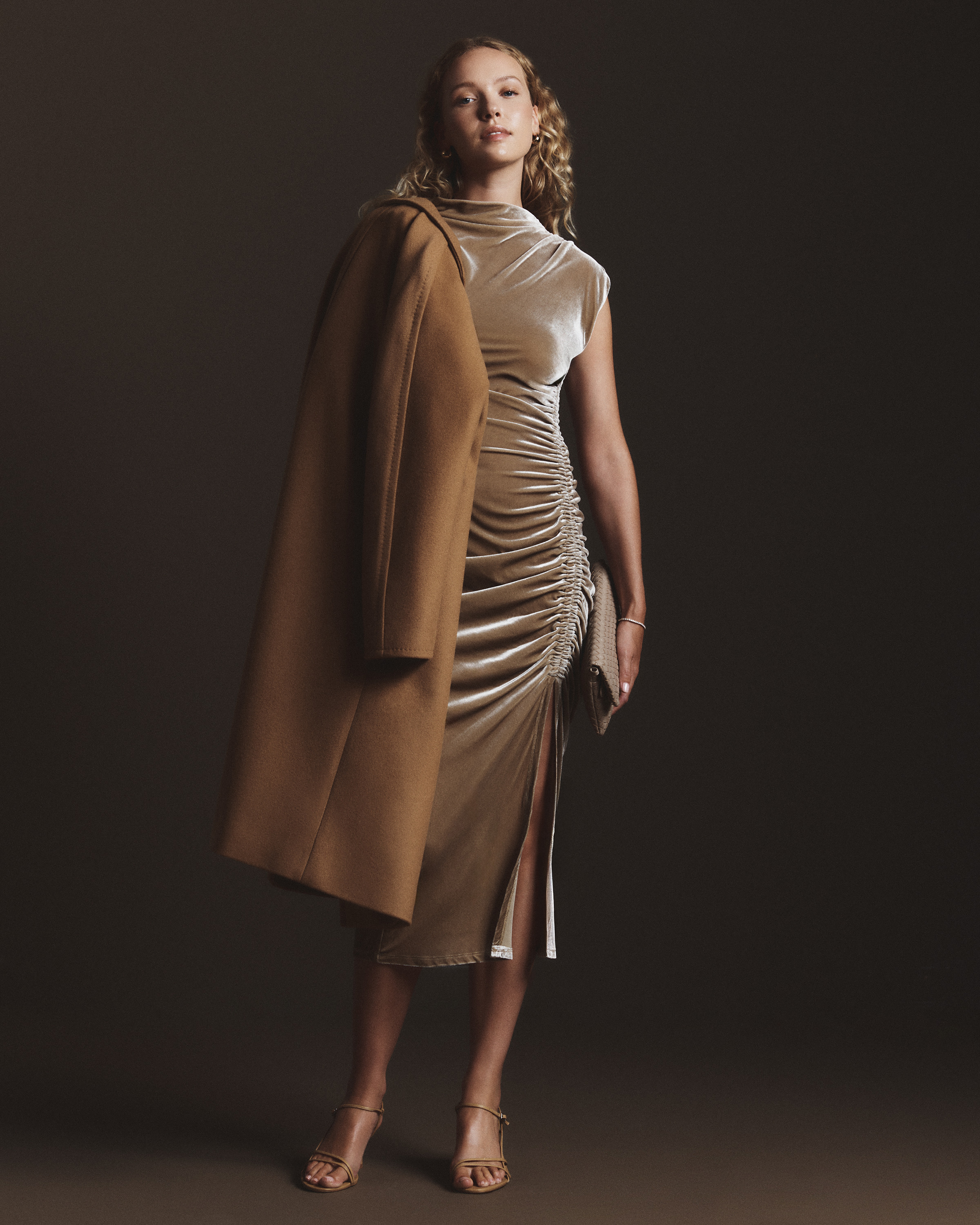 Dogwood Stretch Silk Velvet Ruched Midi Dress