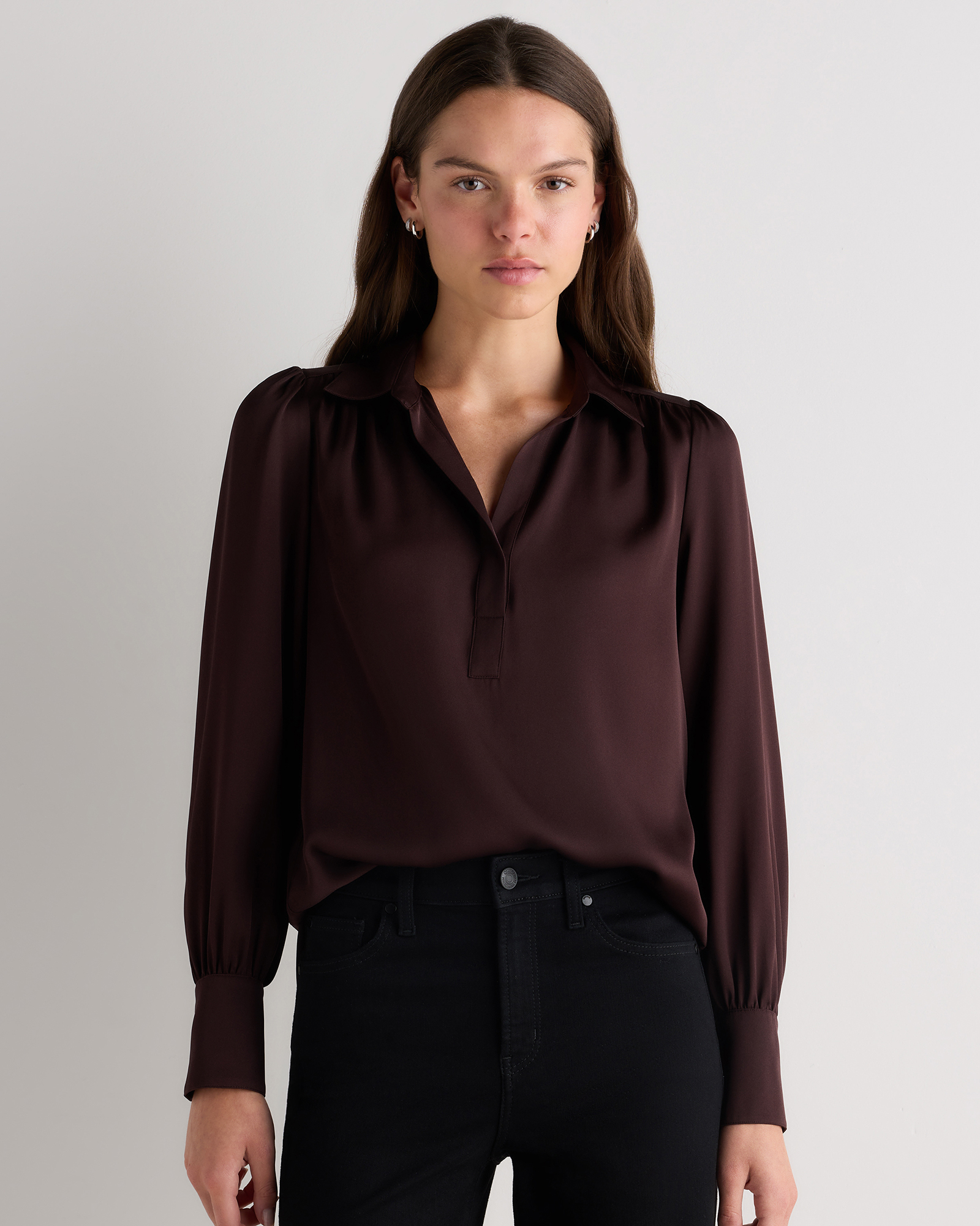 Chocolate Plum Brown Washable Stretch Silk Split Neck Blouse 