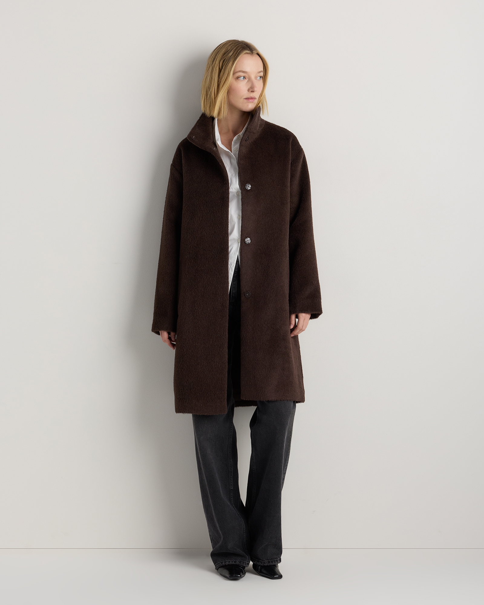 Coffee Bean Brown Alpaca-Wool Stand Collar Coat