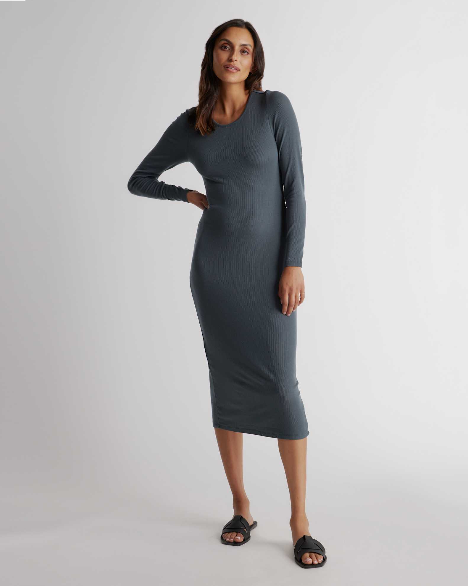 Tencel Rib Knit Long Sleeve Dress in Dark Olive Tencel Rib Knit Long Sleeve Dress in Dark Olive