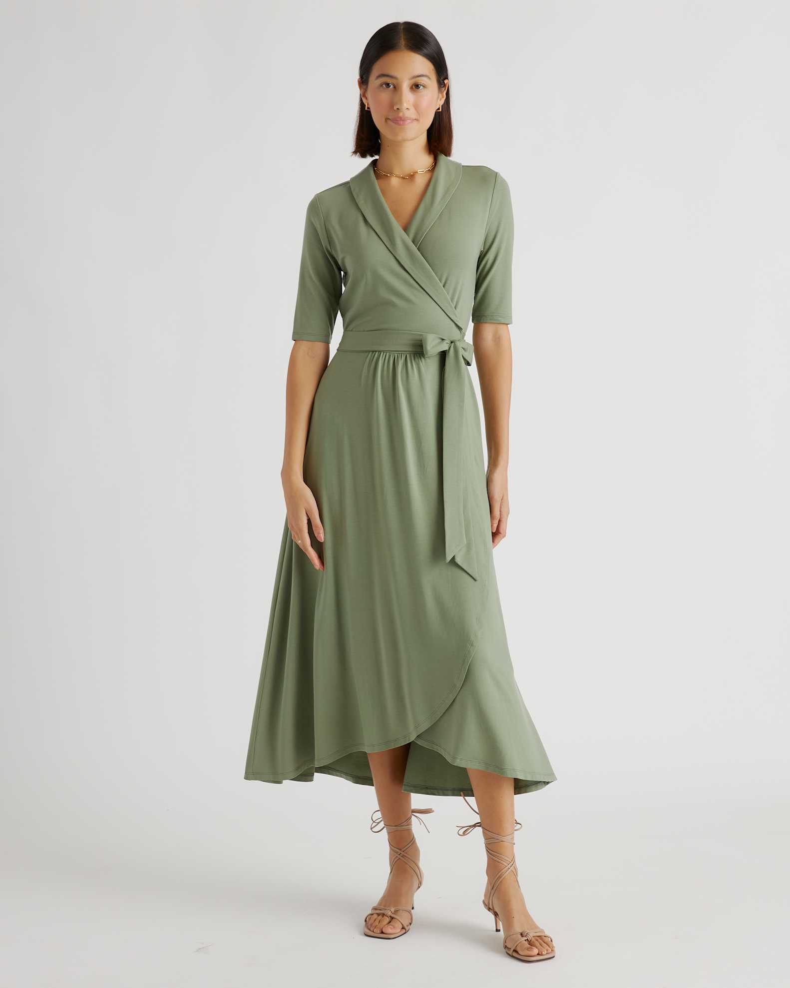Quince Women's Tencel Jersey Midi Wrap Dress in Sage, Size Small - Eco-Friendly, Comfortable, Modern Length Quince Women's Tencel Jersey Midi Wrap Dress in Sage, Size Small - Eco-Friendly, Comfortable, Modern Length