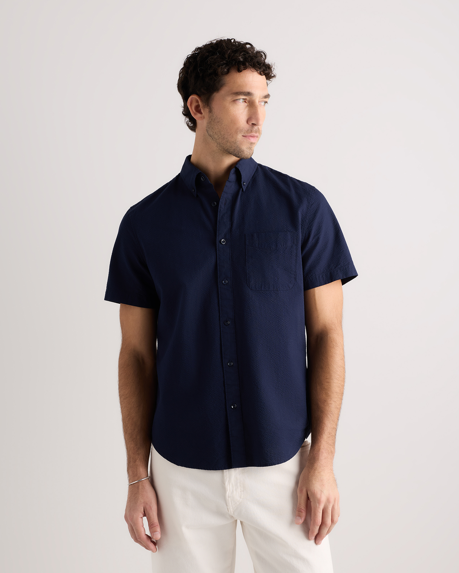 Navy 100% Organic Cotton Seersucker Short Sleeve Shirt