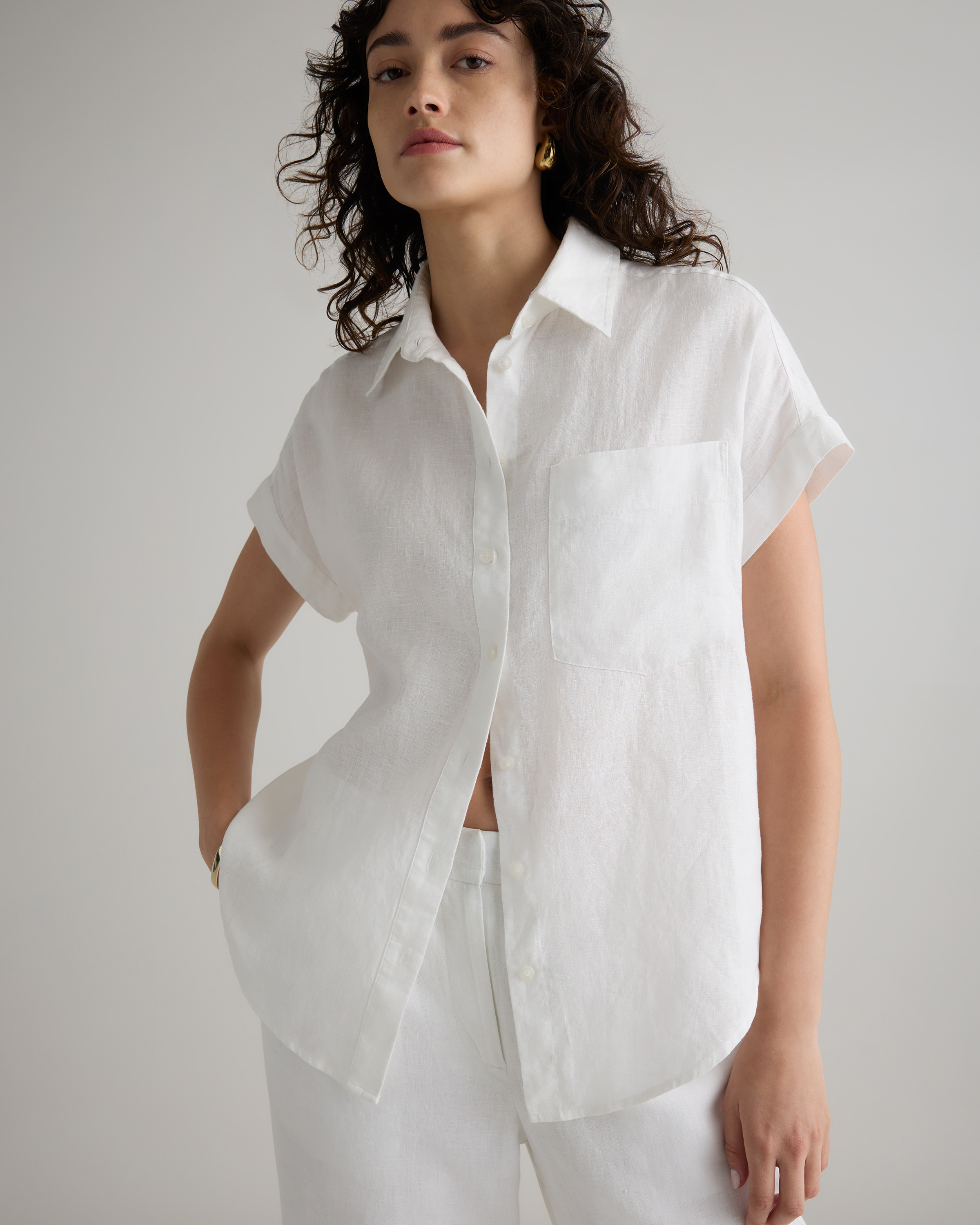 White 100% European Linen Camp Shirt