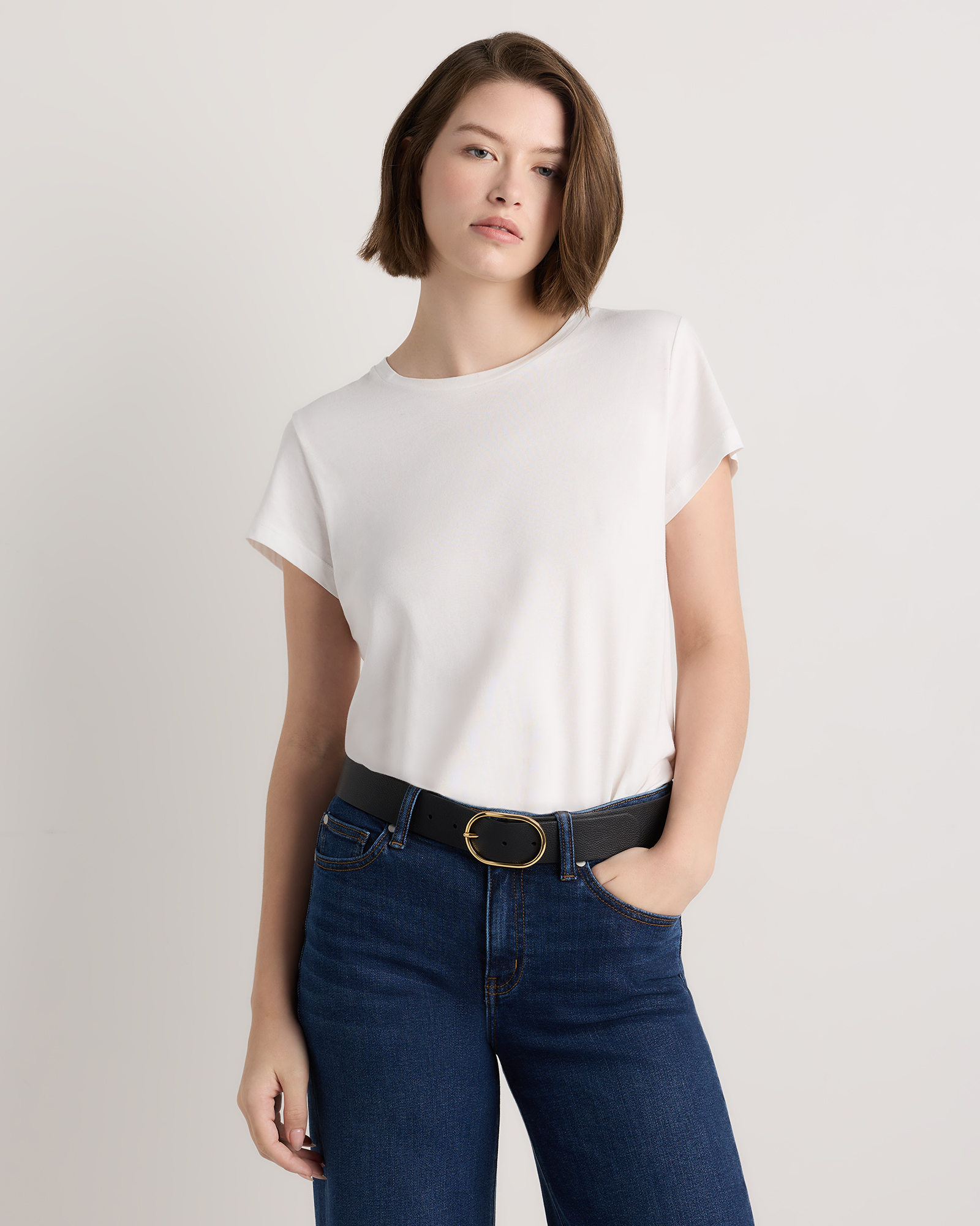 Quince Cleo Oval European Leather Belt - Mushroom Cleo Oval European Leather Belt in Black main image 4