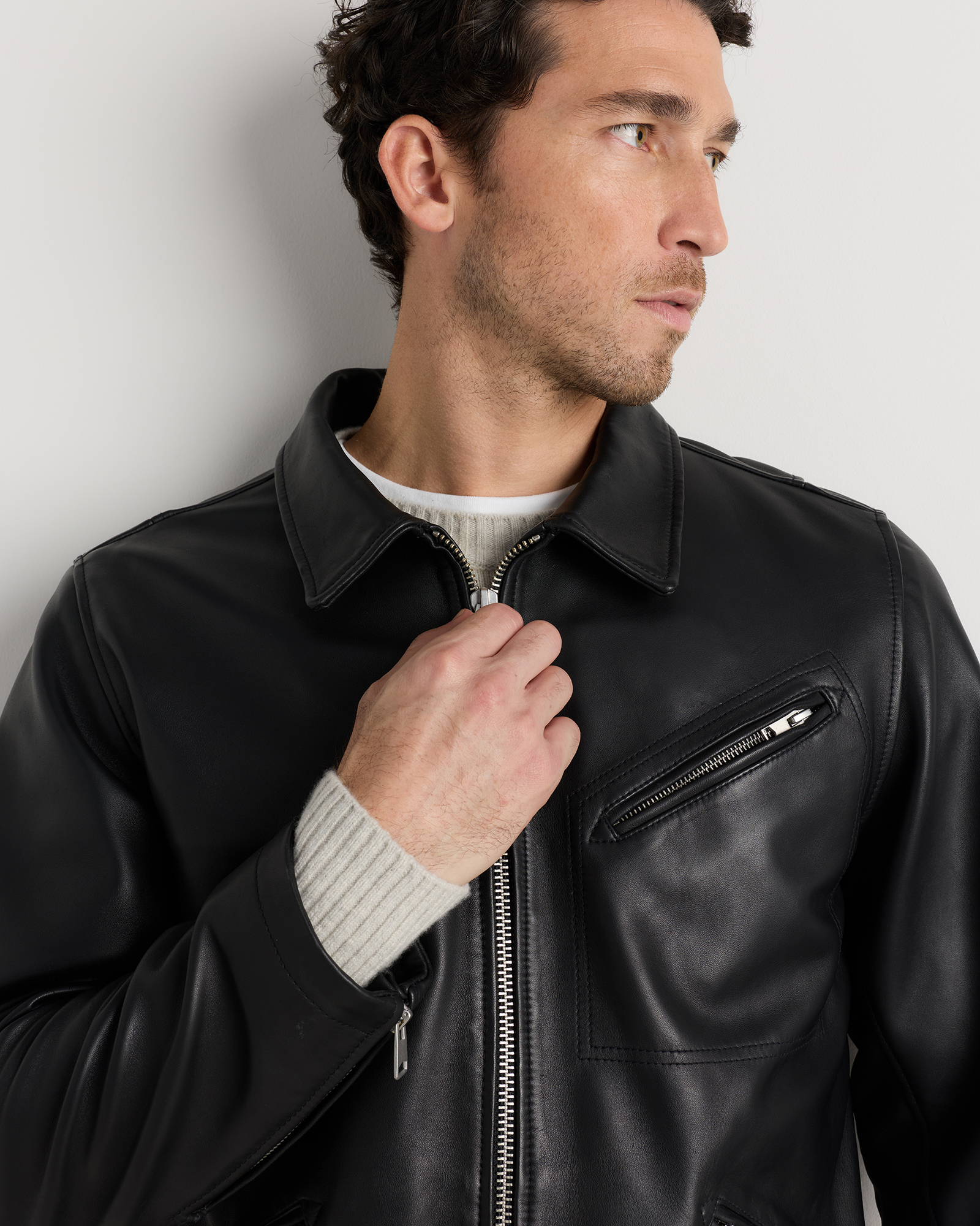Men's 100% Washed Leather Moto Jacket in True Black