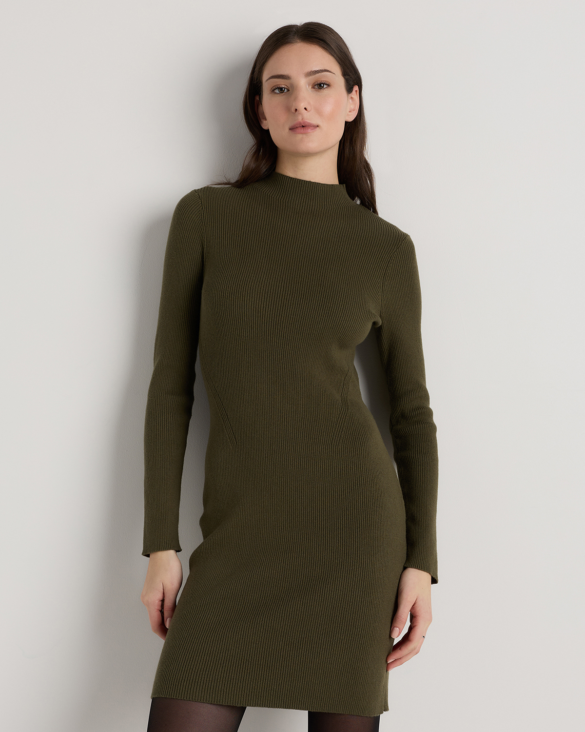 Olive Cotton Cashmere Mock Neck Mini Dress