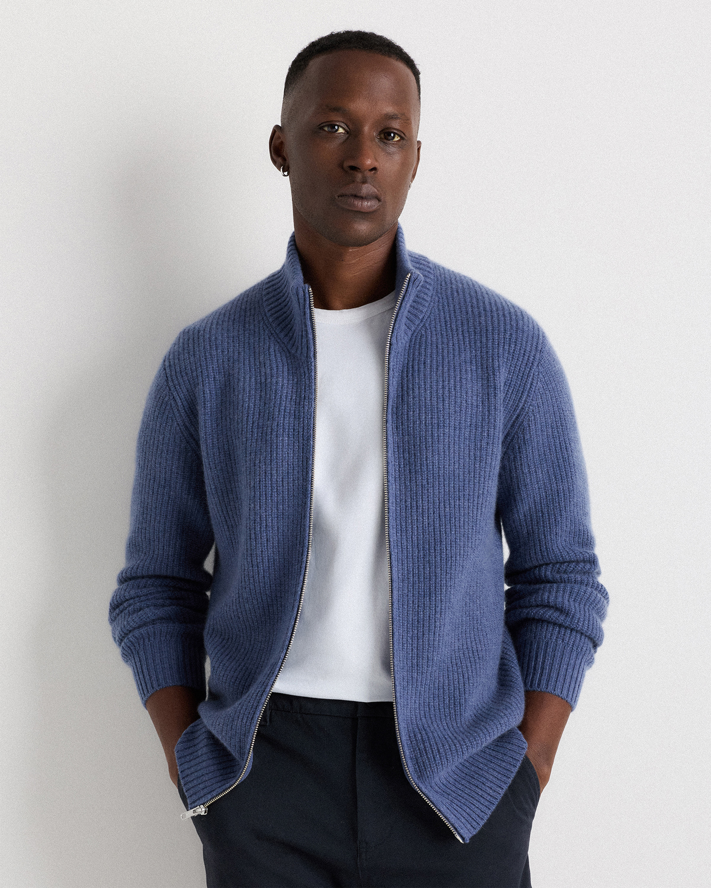 Heather Storm Blue Mongolian Cashmere Fisherman Full Zip Sweater