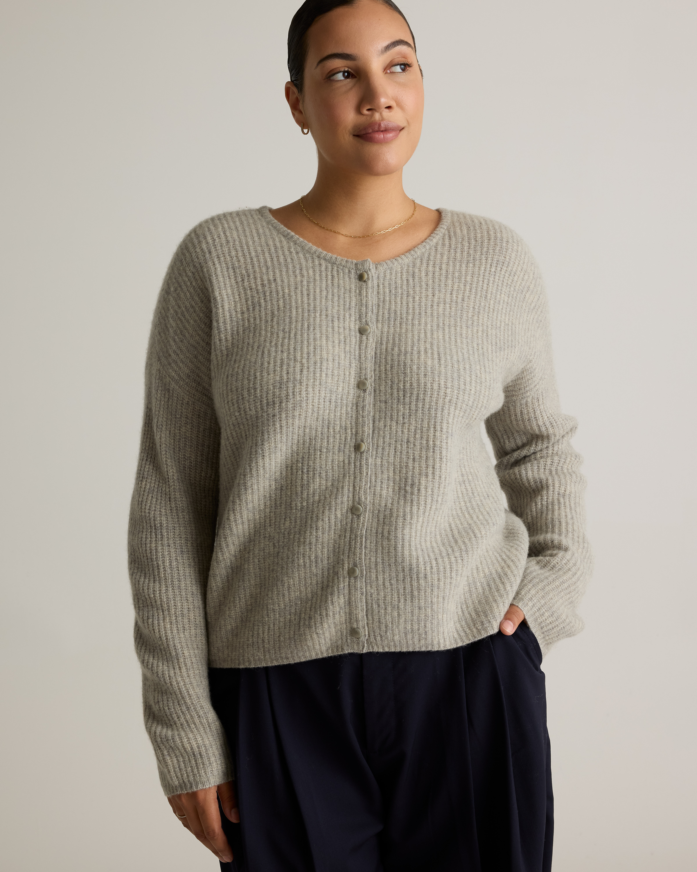 100% Yak Soft Rib Crew Cardigan in Warm Heather Grey