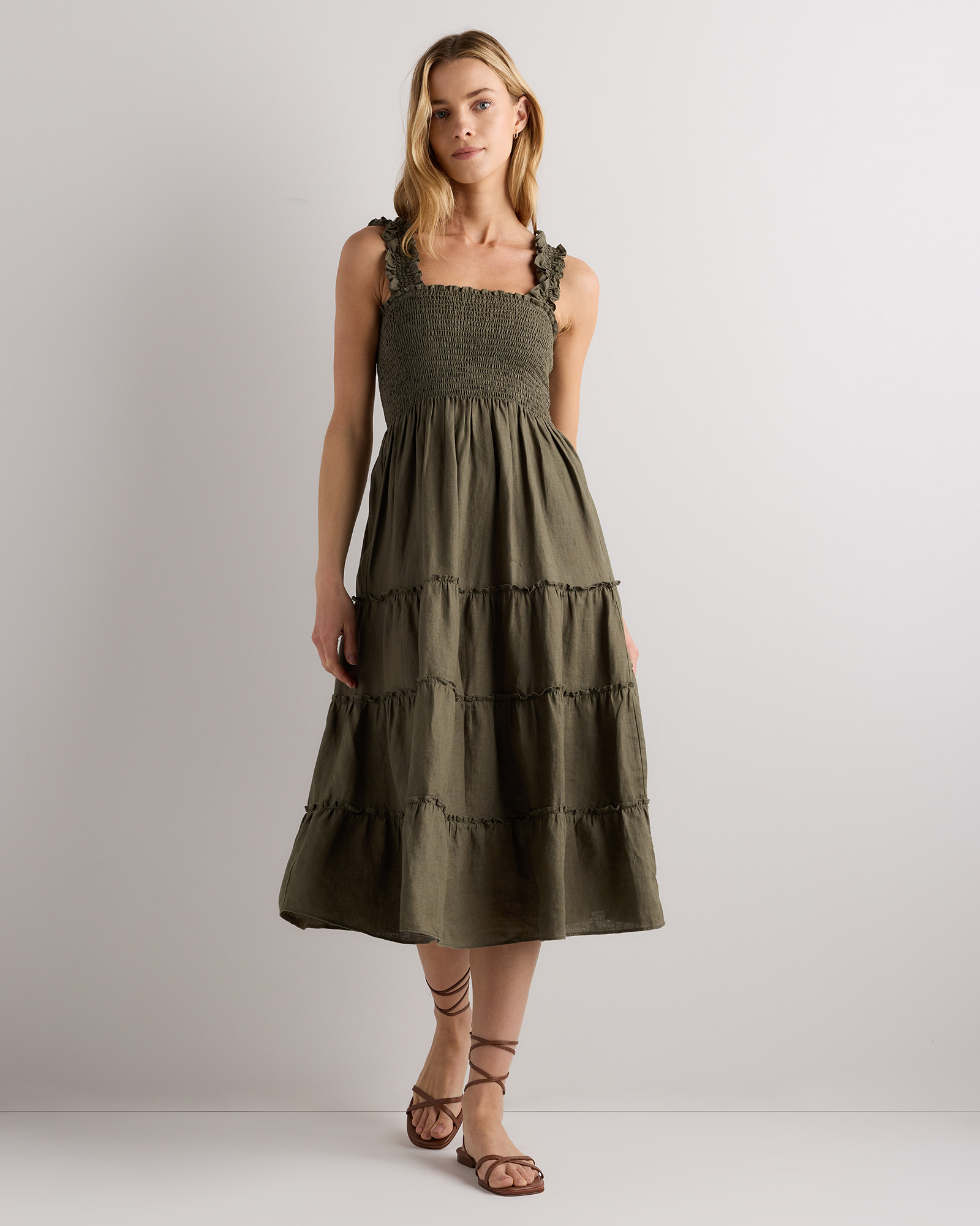 Bayberry Olive 100% European Linen Smocked Midi Dress