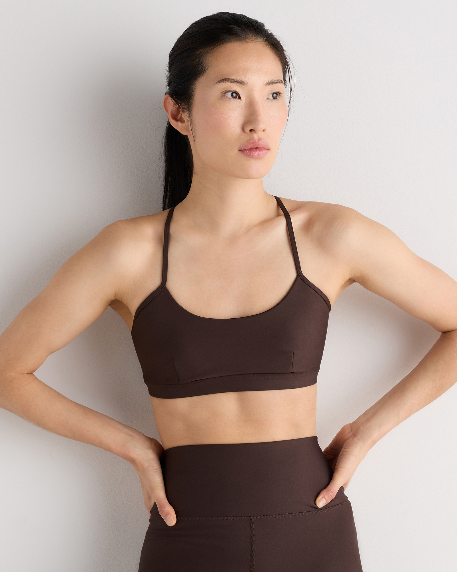Coffee Bean Brown Satin-Sculpt Cross Back Adjustable Sports Bra