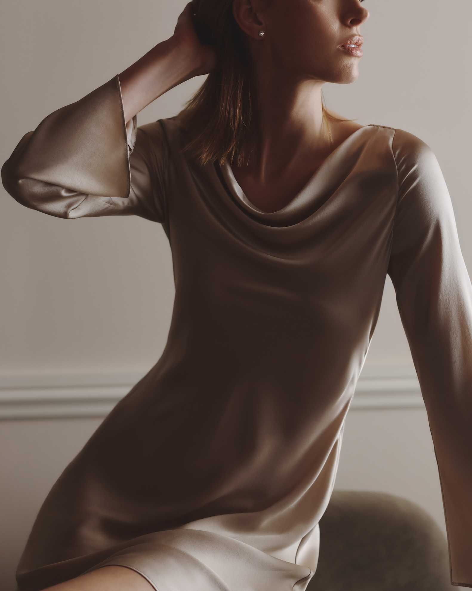 brown long sleeve silk dress Fortunate One