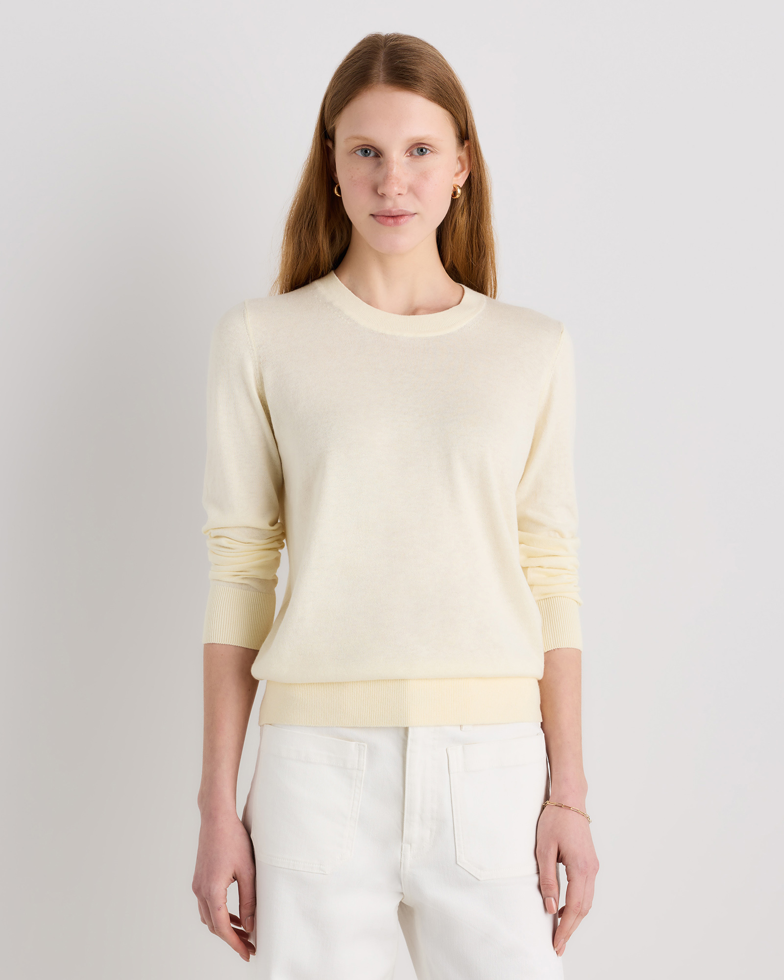 Pale Custard Yellow Lightweight Cotton Cashmere Crew Sweater 