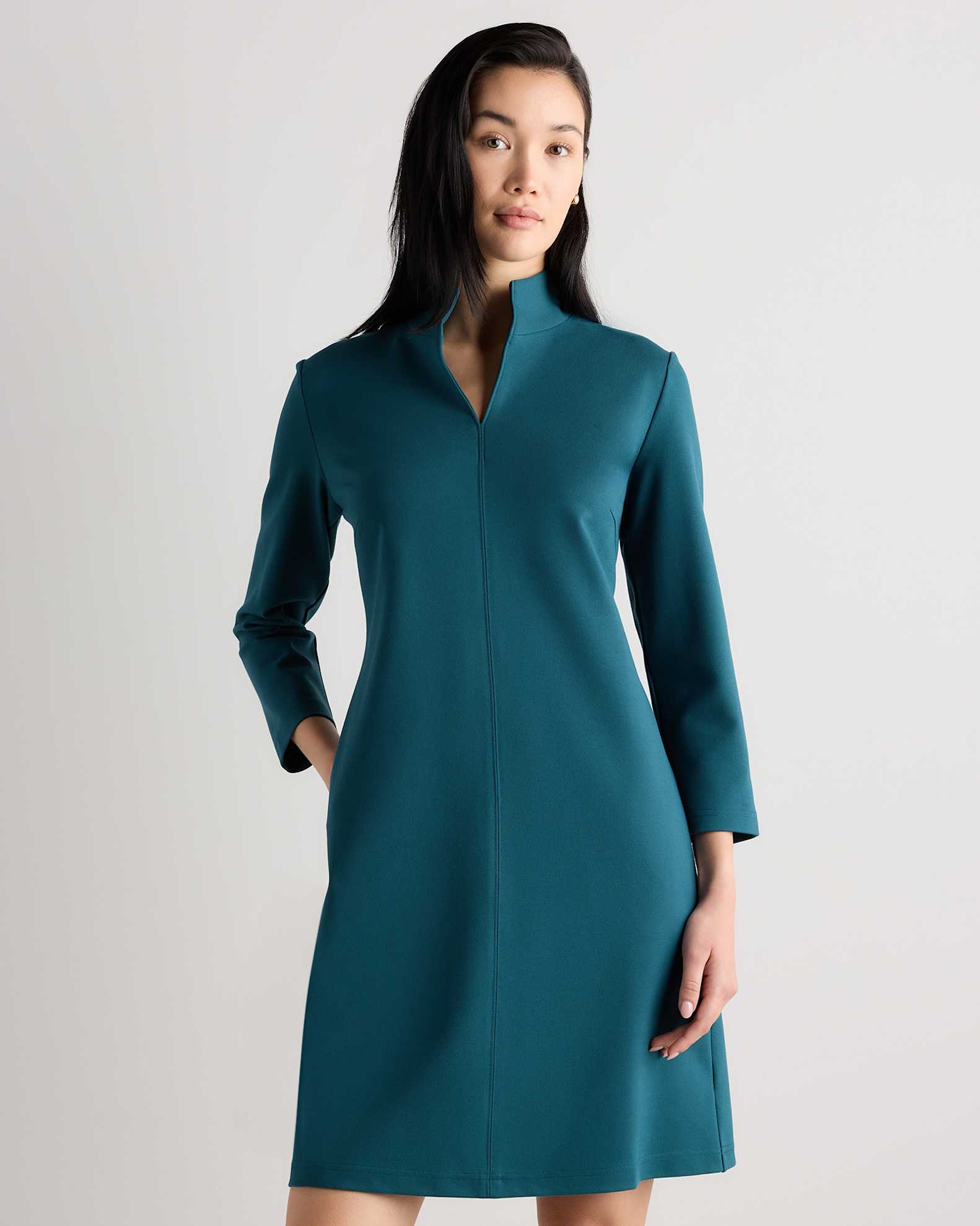 Ultra-Stretch Ponte Split Neck Mini Dress in Ocean Green Ultra-Stretch Ponte Split Neck Mini Dress in Ocean Green