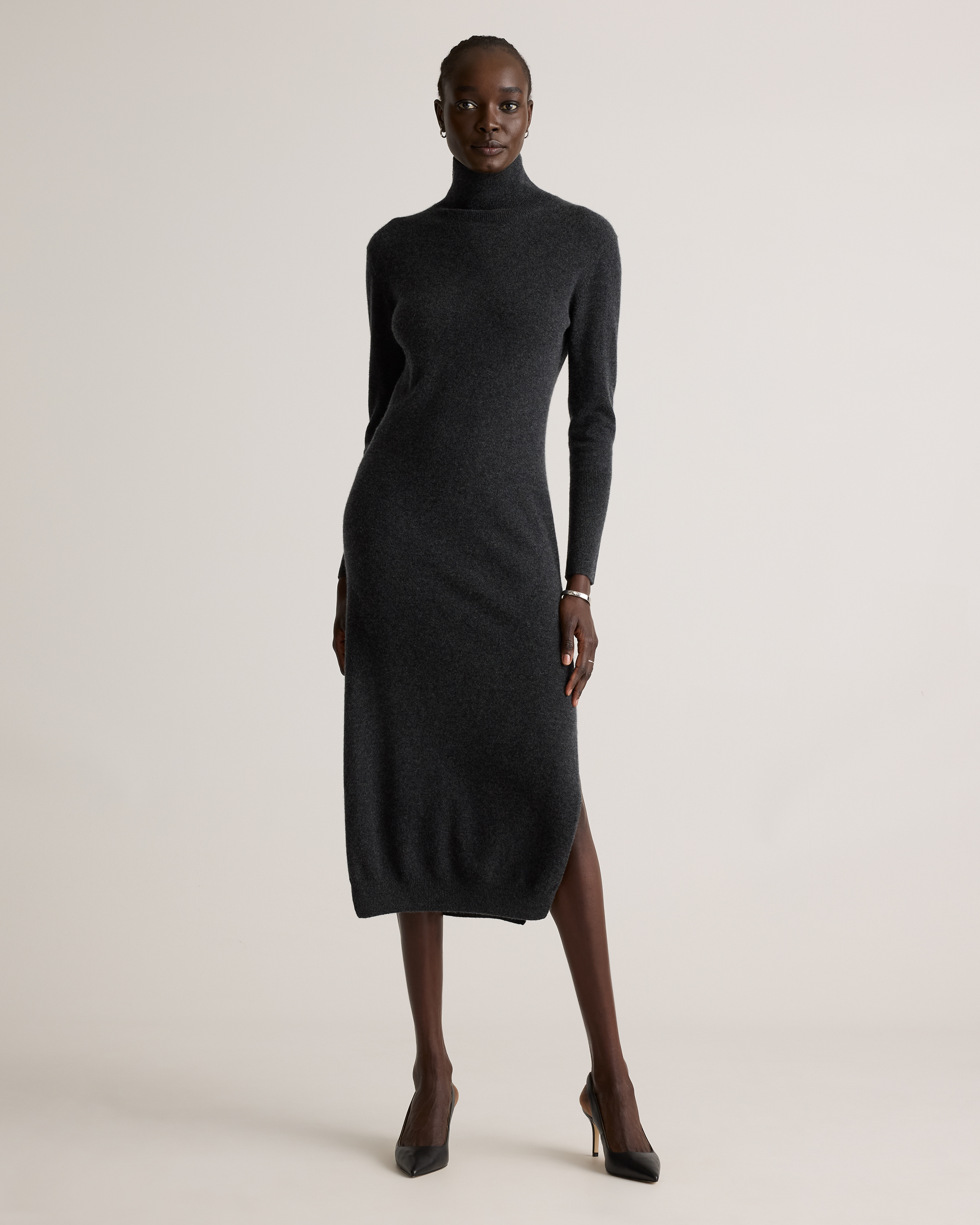 Charcoal Mongolian Cashmere Turtleneck Midi Sweater Dress