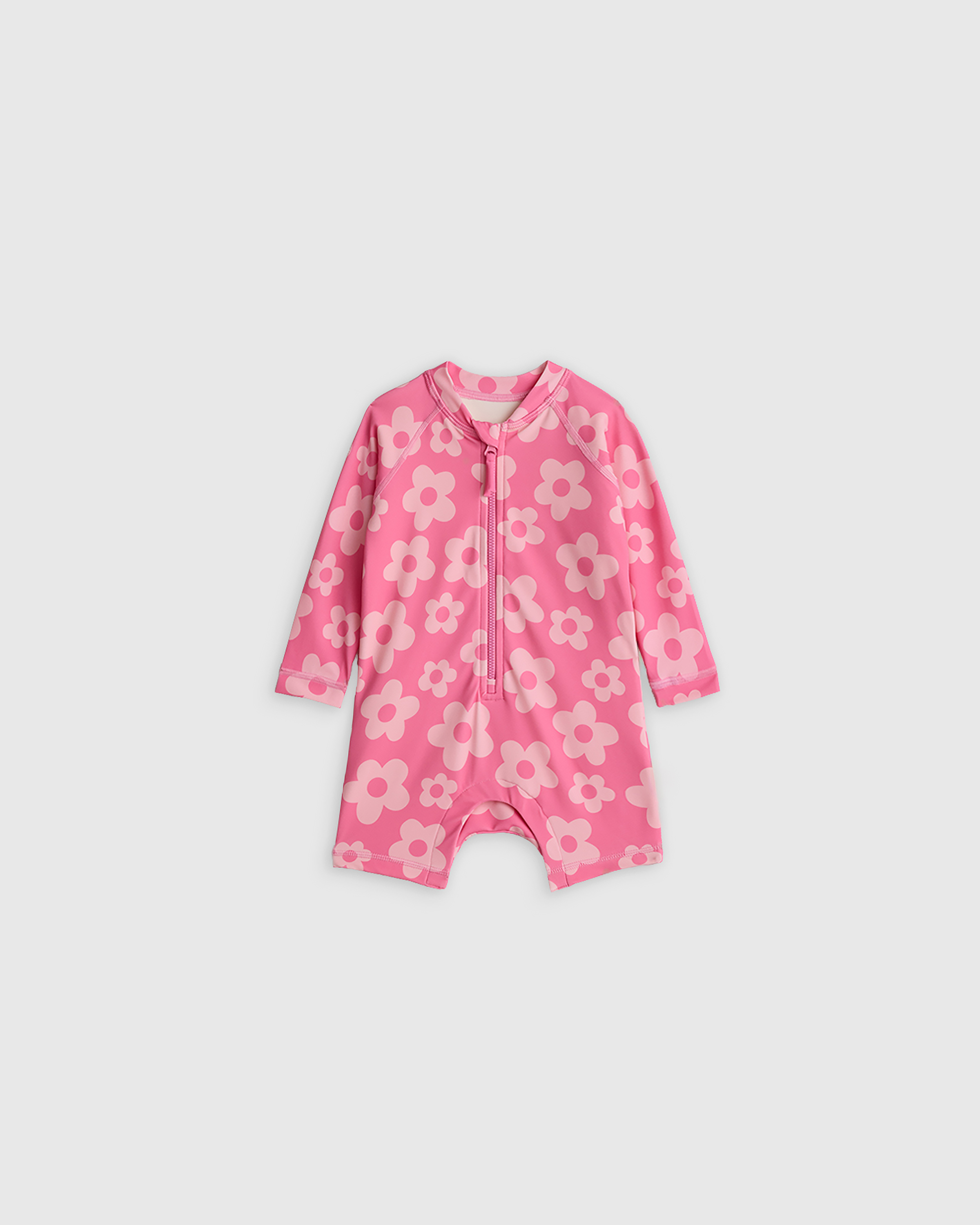 Pink Daisy Long Sleeve Zip-Up Rash Guard One-Piece