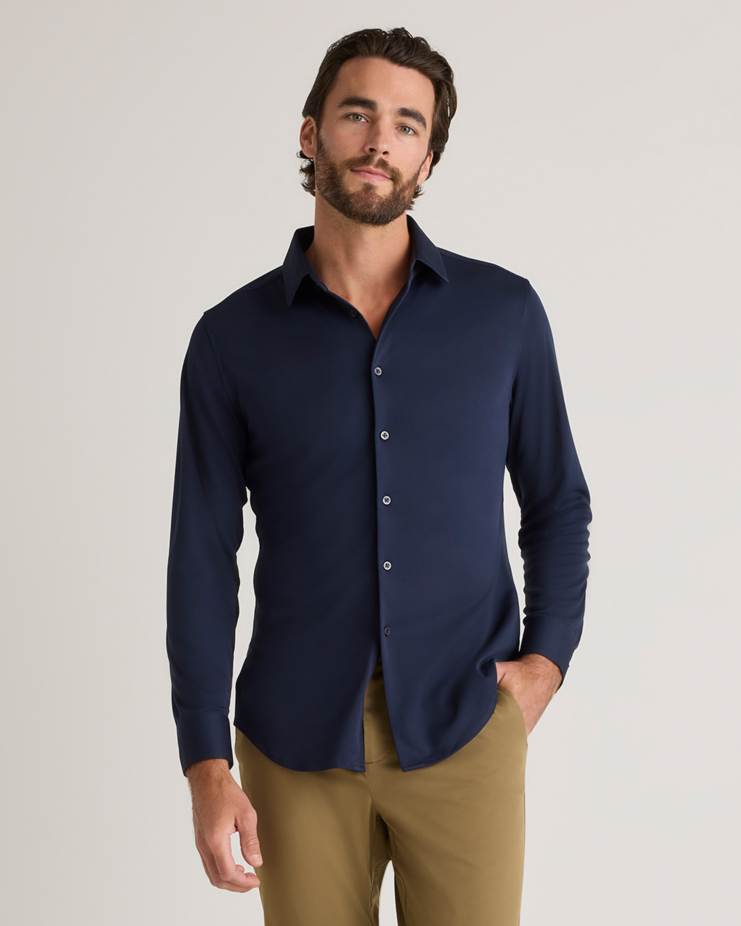 Commuter Stretch Pique Long Sleeve Button Down in Navy