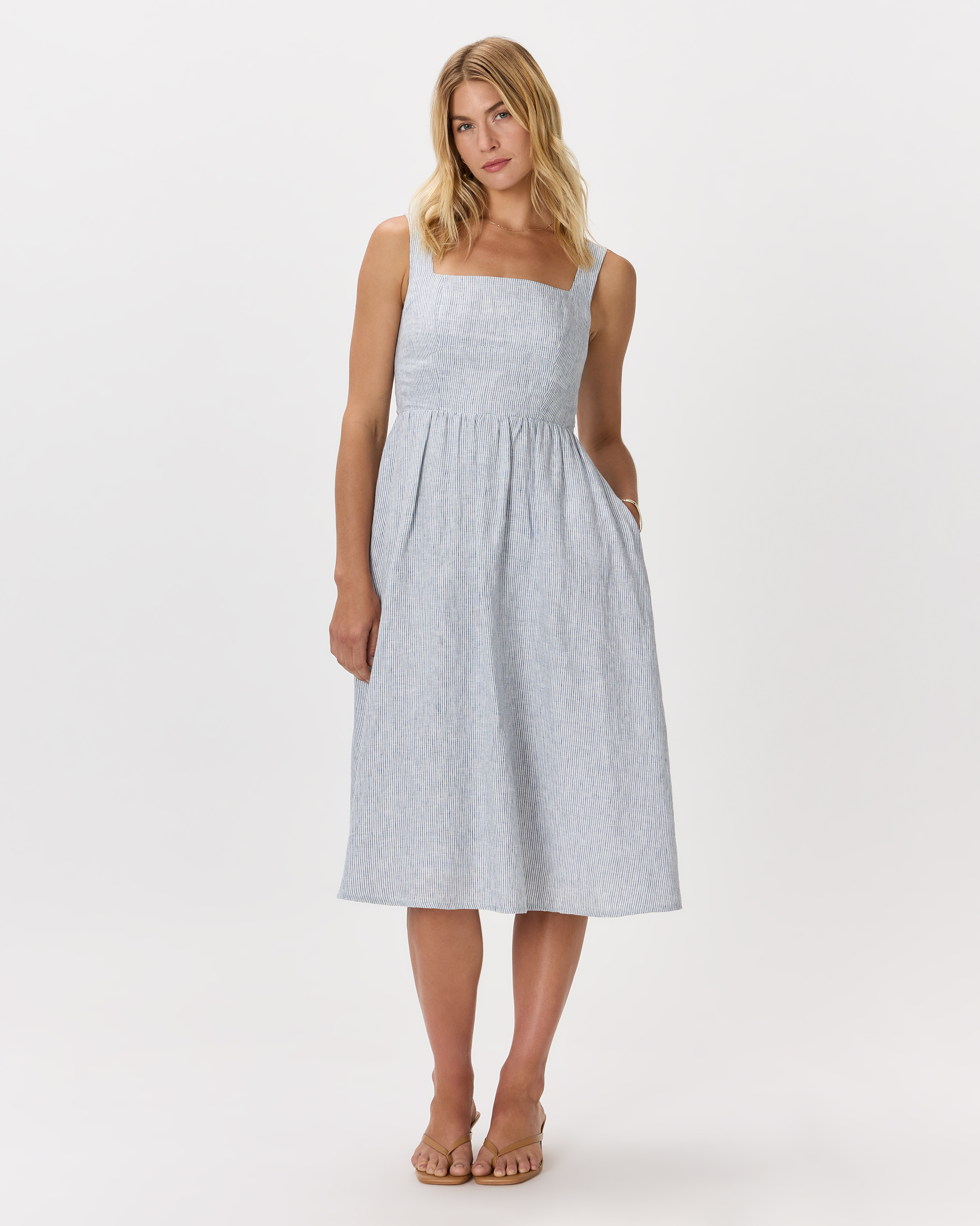 Blue Pinstripe 100% European Linen Fit & Flare Midi Dress