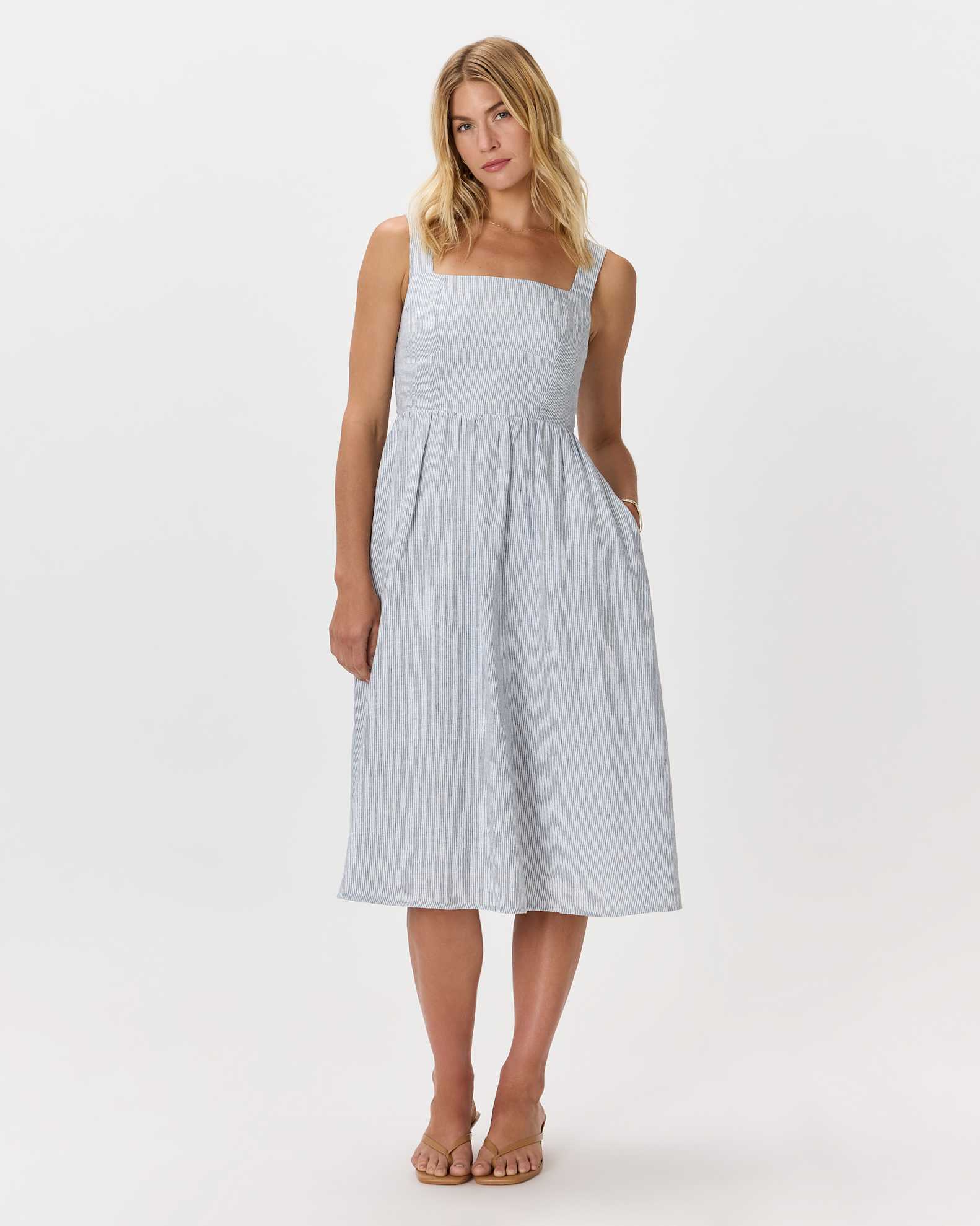 100% European Linen Fit & Flare Midi Dress in Blue Pinstripe 100% European Linen Fit & Flare Midi Dress in Blue Pinstripe