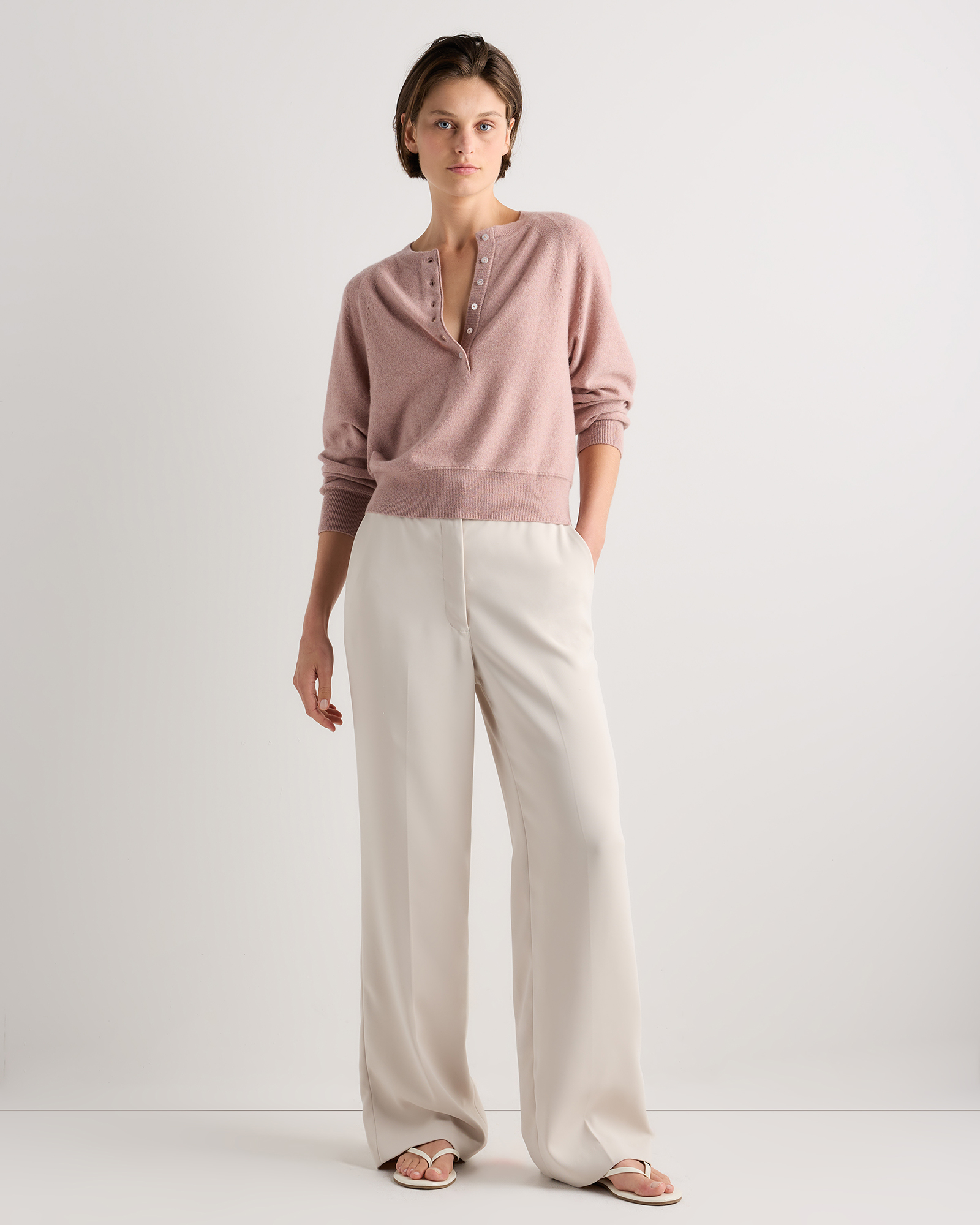 100% Mongolian Cashmere Dolman Sleeve Henley Sweater in Heather