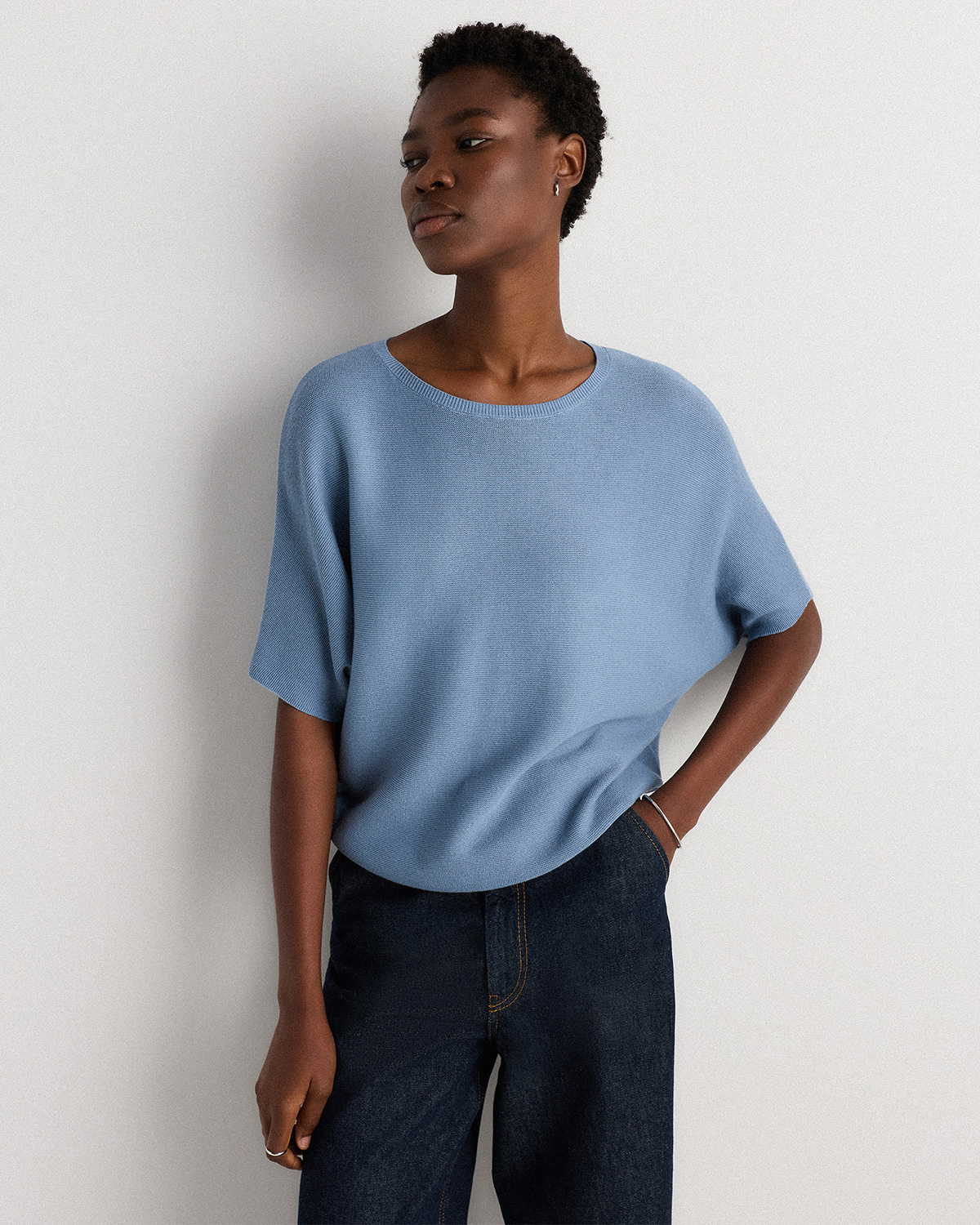 Quince Women's Lightweight Cotton Cashmere Link-stitch Dolman Sweater In Blue