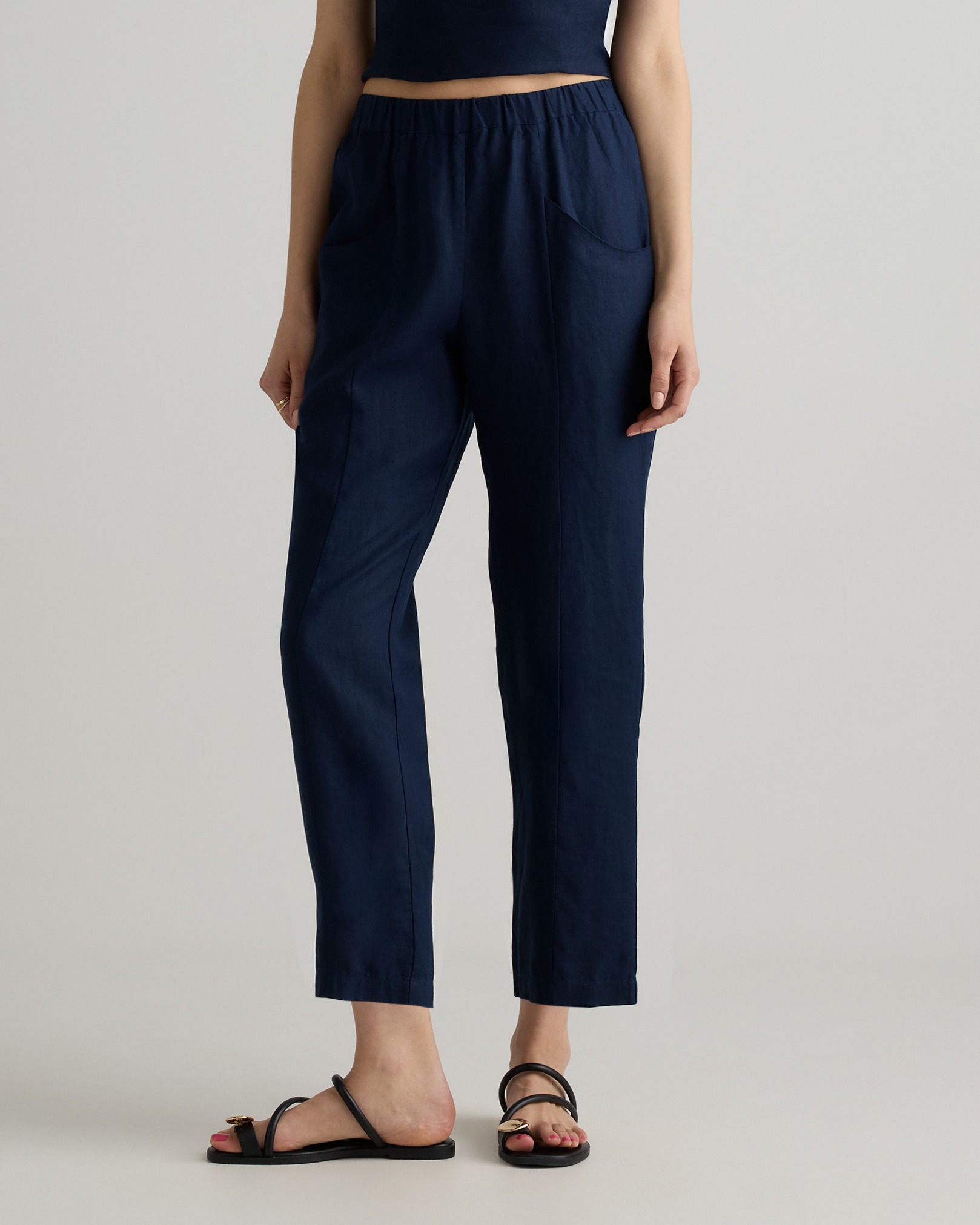 Deep Navy 100% European Linen Tapered Ankle Pants