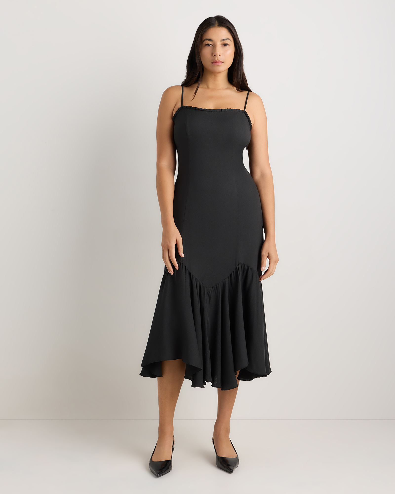 True Black Lightweight Crepe Pleated Hem Midi Dress