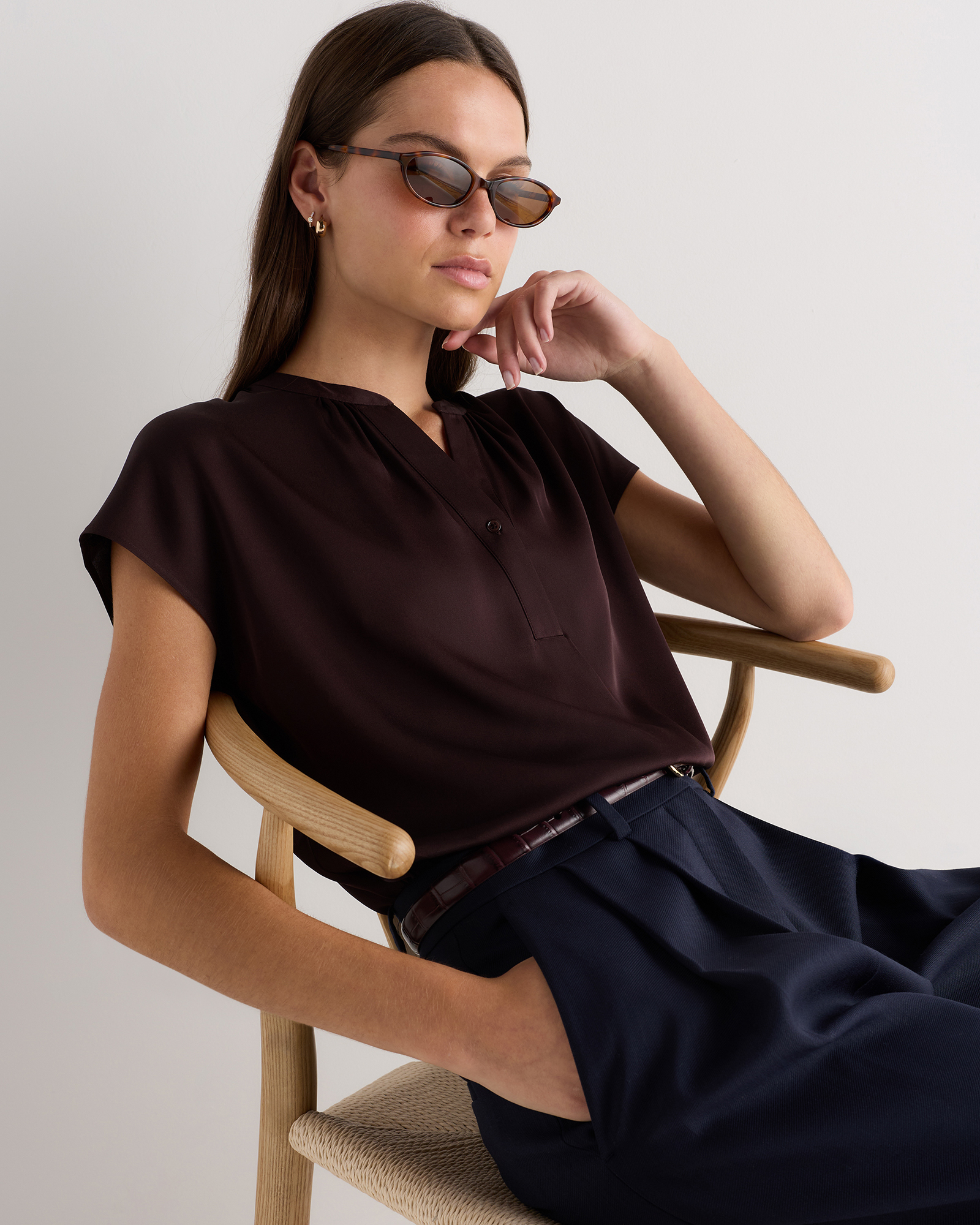 トップス deres half sleeve blouse chocolate Women's Washable Stretch Silk Dolman Sleeve Blouse in Chocolate