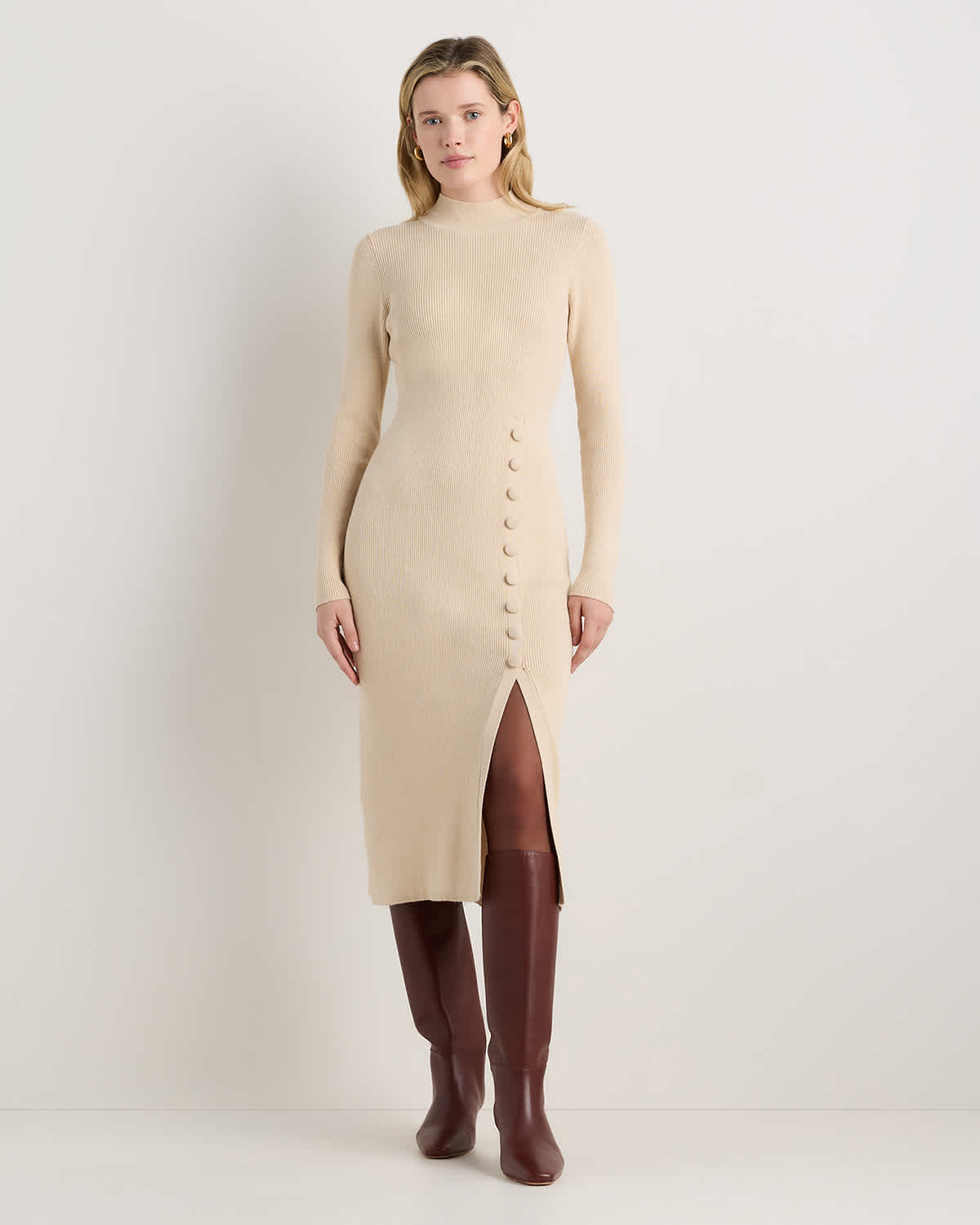 Cotton Cashmere Side Slit Midi Dress in Heather Oatmeal Cotton Cashmere Side Slit Midi Dress in Heather Oatmeal