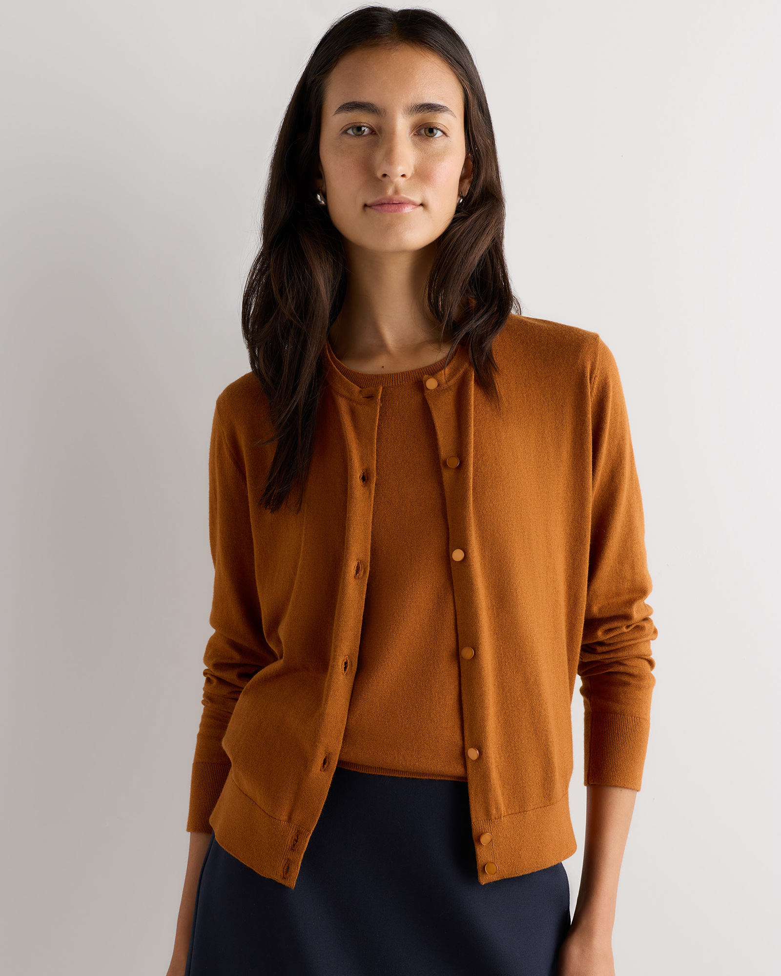 Rustica Brown Lightweight Cotton Cashmere Crew Cardigan