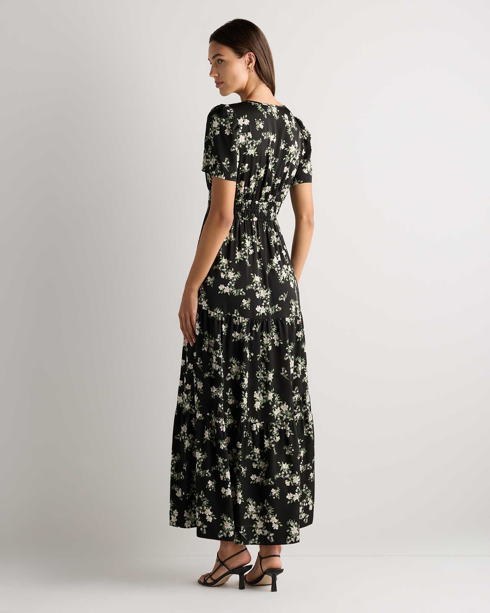 Washable Stretch Silk Tiered Maxi Dress in Black Vintage Pink Petite Floral Washable Stretch Silk Tiered Maxi Dress in Black Vintage Pink Petite Floral