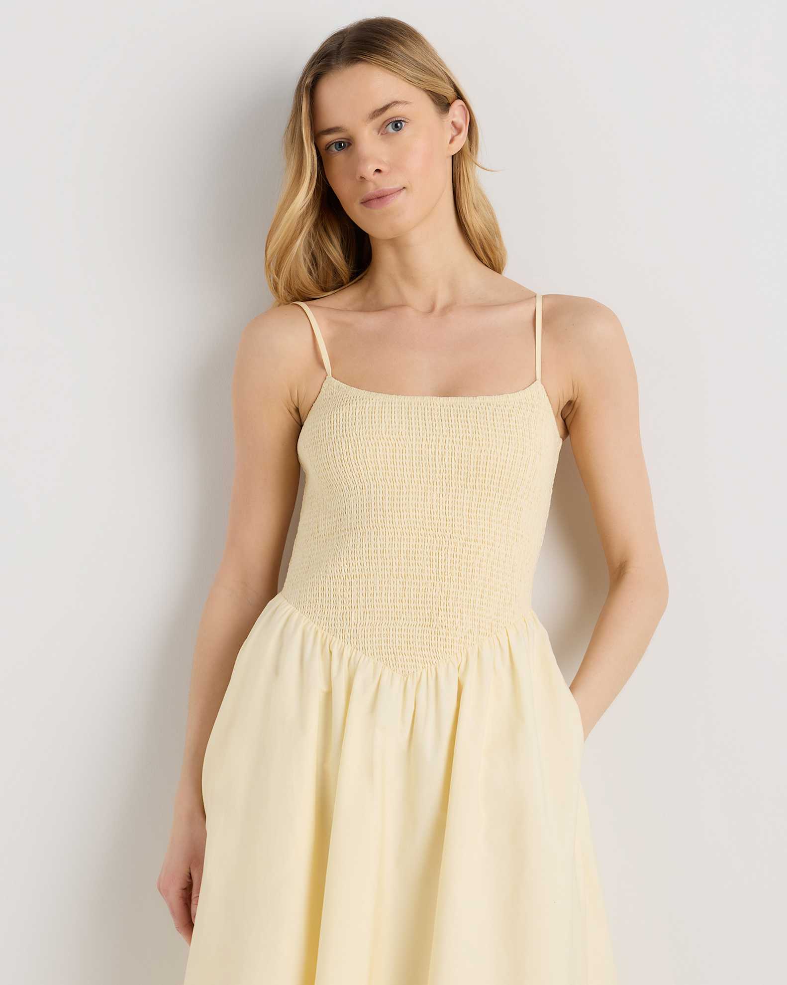 100% Organic Cotton Poplin Drop Waist Midi Dress in Pale Custard Yellow 100% Organic Cotton Poplin Drop Waist Midi Dress in Pale Custard Yellow