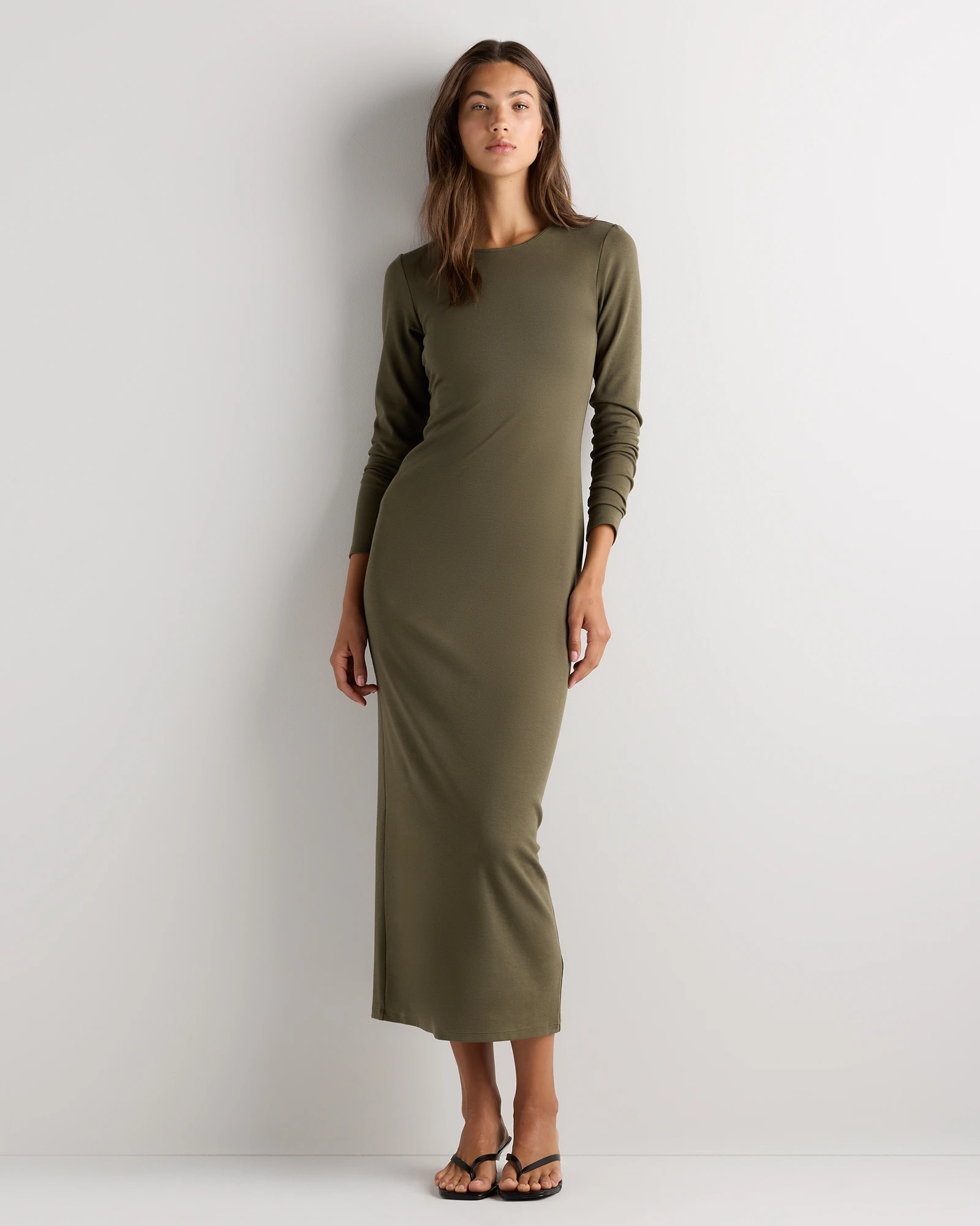 long sleeve olive green midi dress ASOS DESIGN long sleeve scoop neck midi dress with seam detail in olive