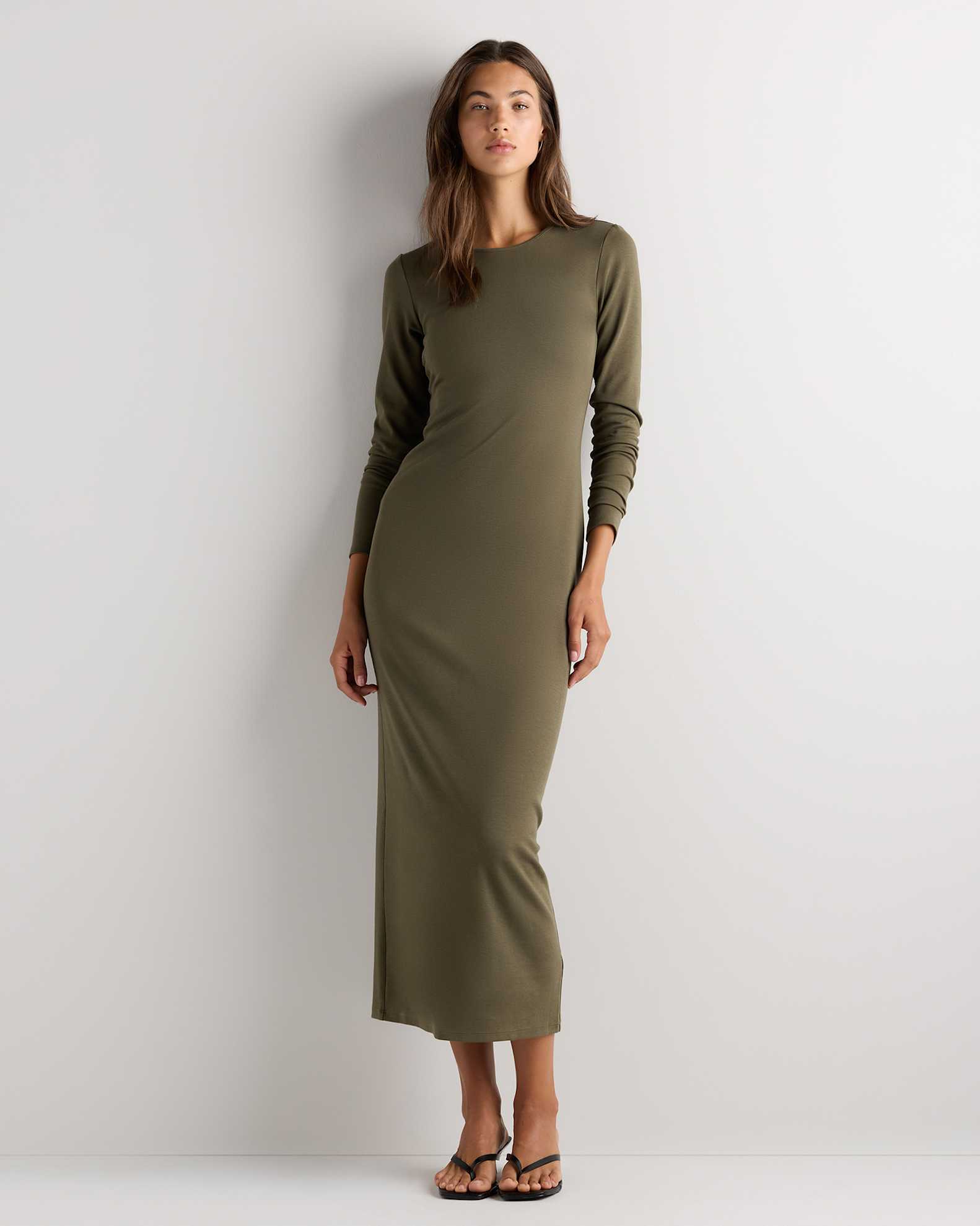 olive long sleeve maxi dress Oliria | Olive High-Neck Maxi Dress With One-Long Sleeve And Sash-Detail