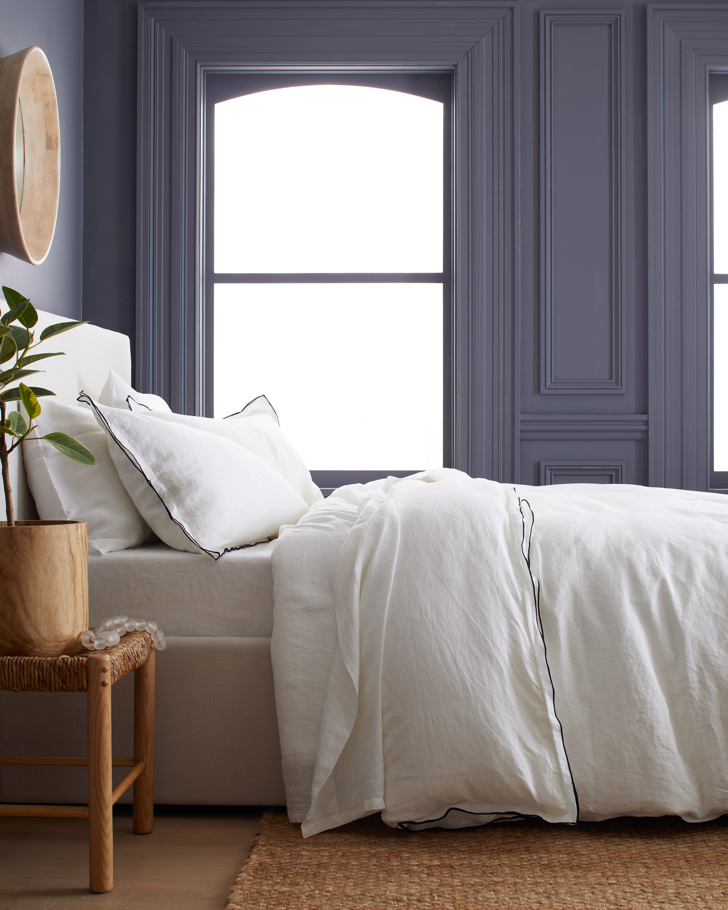 White with Black Embroidery European Linen Double Embroidered Edge Duvet Cover