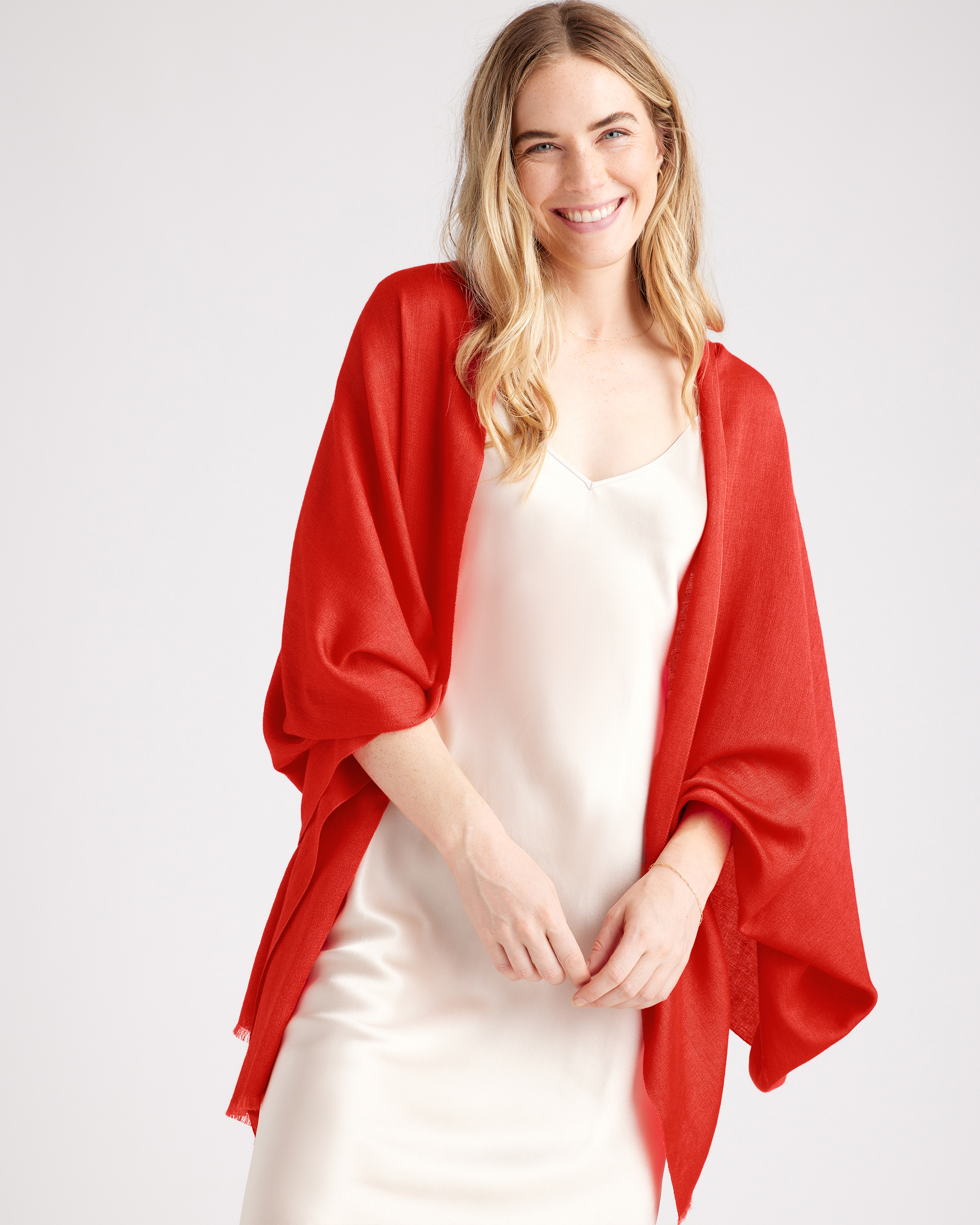 Red Featherweight Cashmere Silk Frayed Edge Scarf