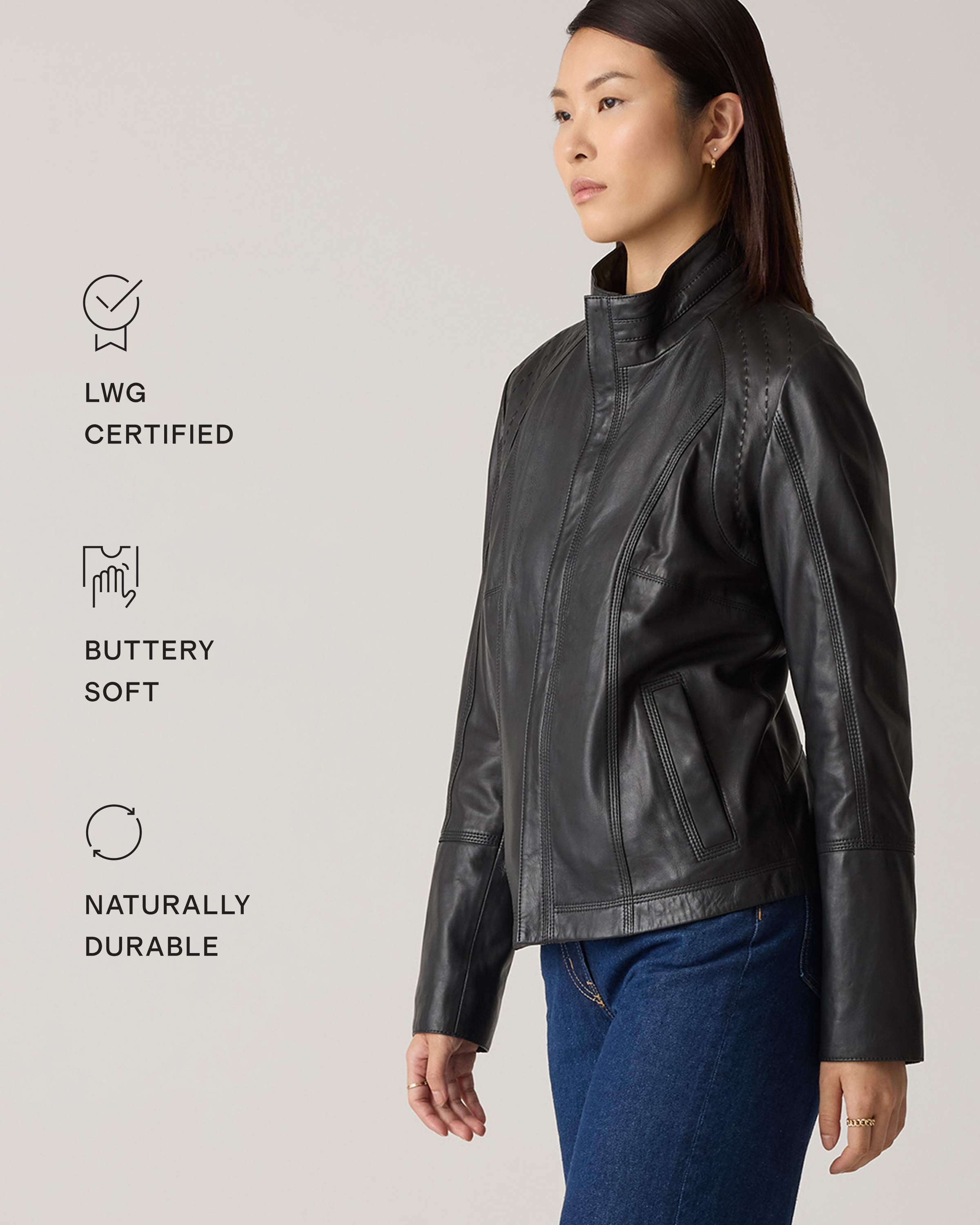 100% Leather Stand-Collar Jacket in Black