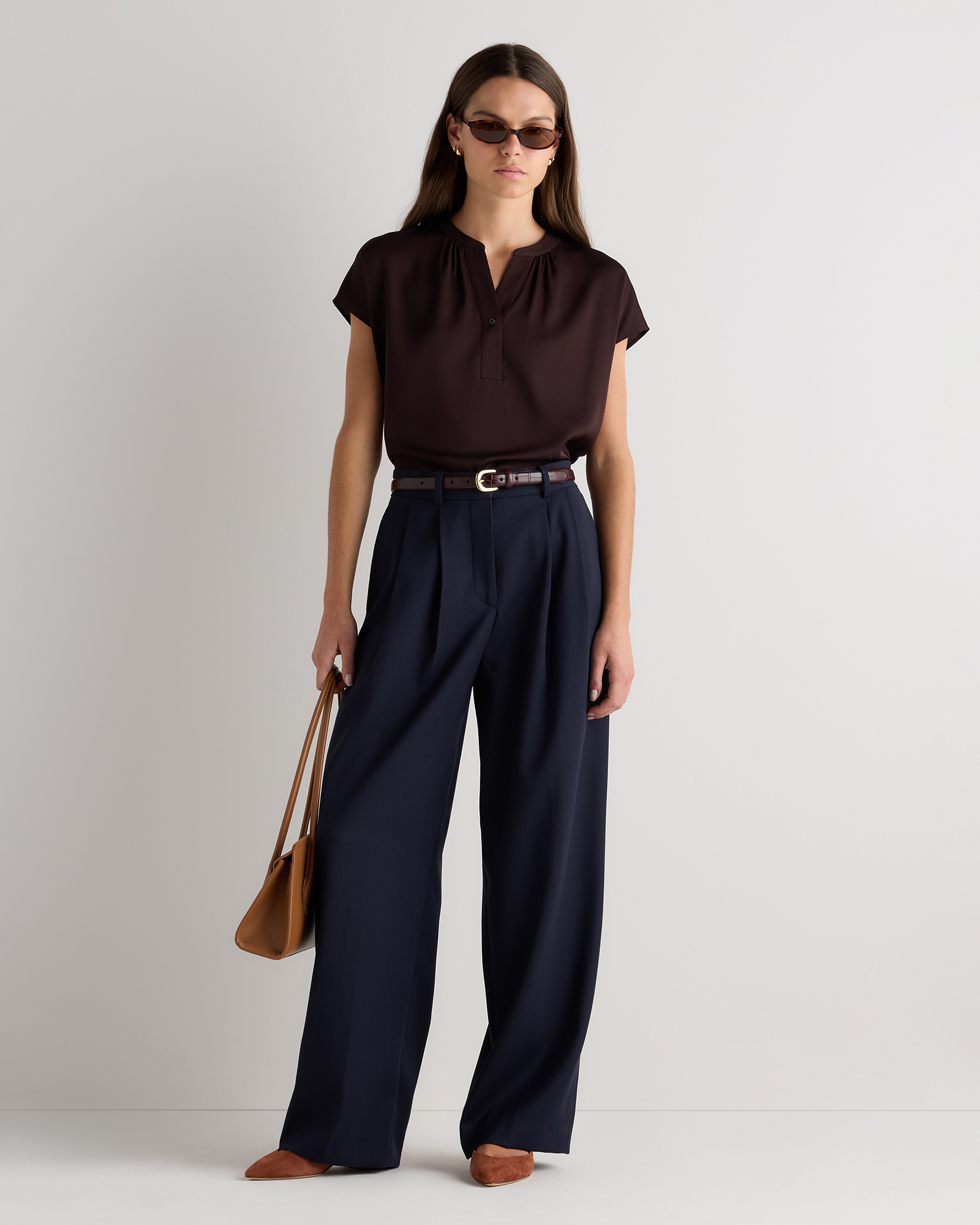 Women's Washable Stretch Silk Dolman Sleeve Blouse in Chocolate