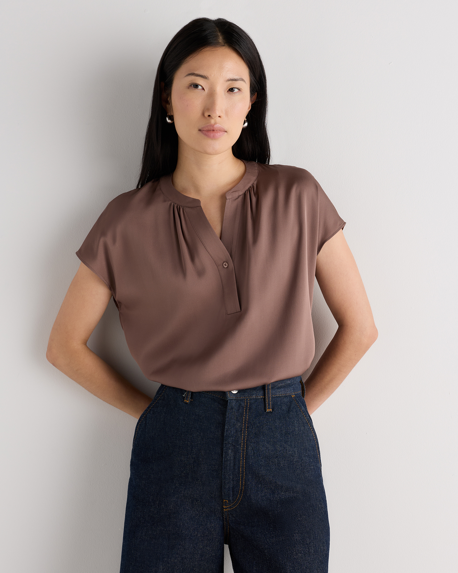 Mink Taupe Washable Stretch Silk Dolman Sleeve Blouse