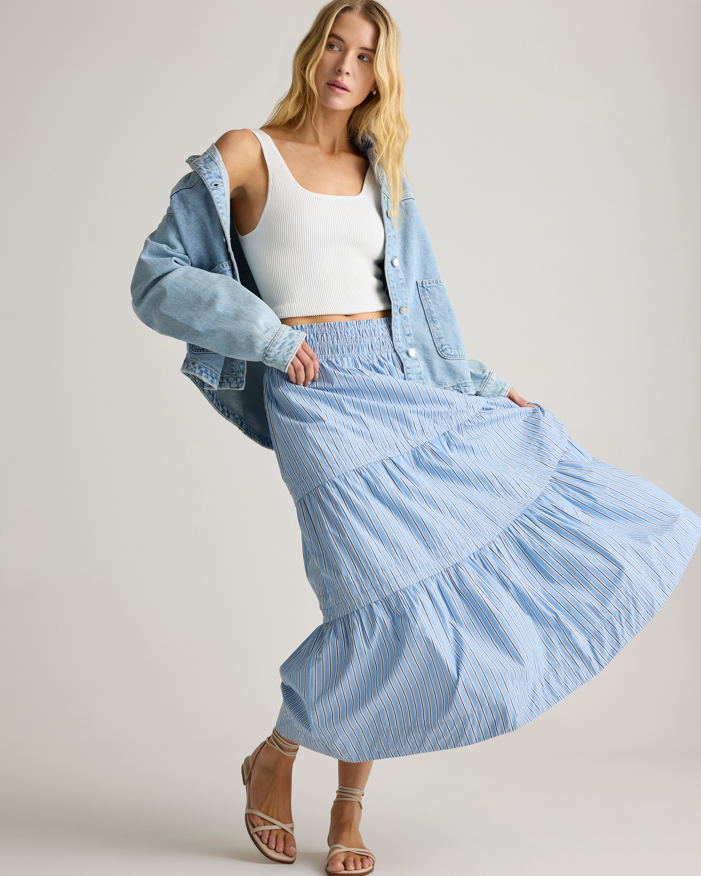 100% Organic Cotton Poplin Tiered Maxi Skirt in Tribeca Stripe