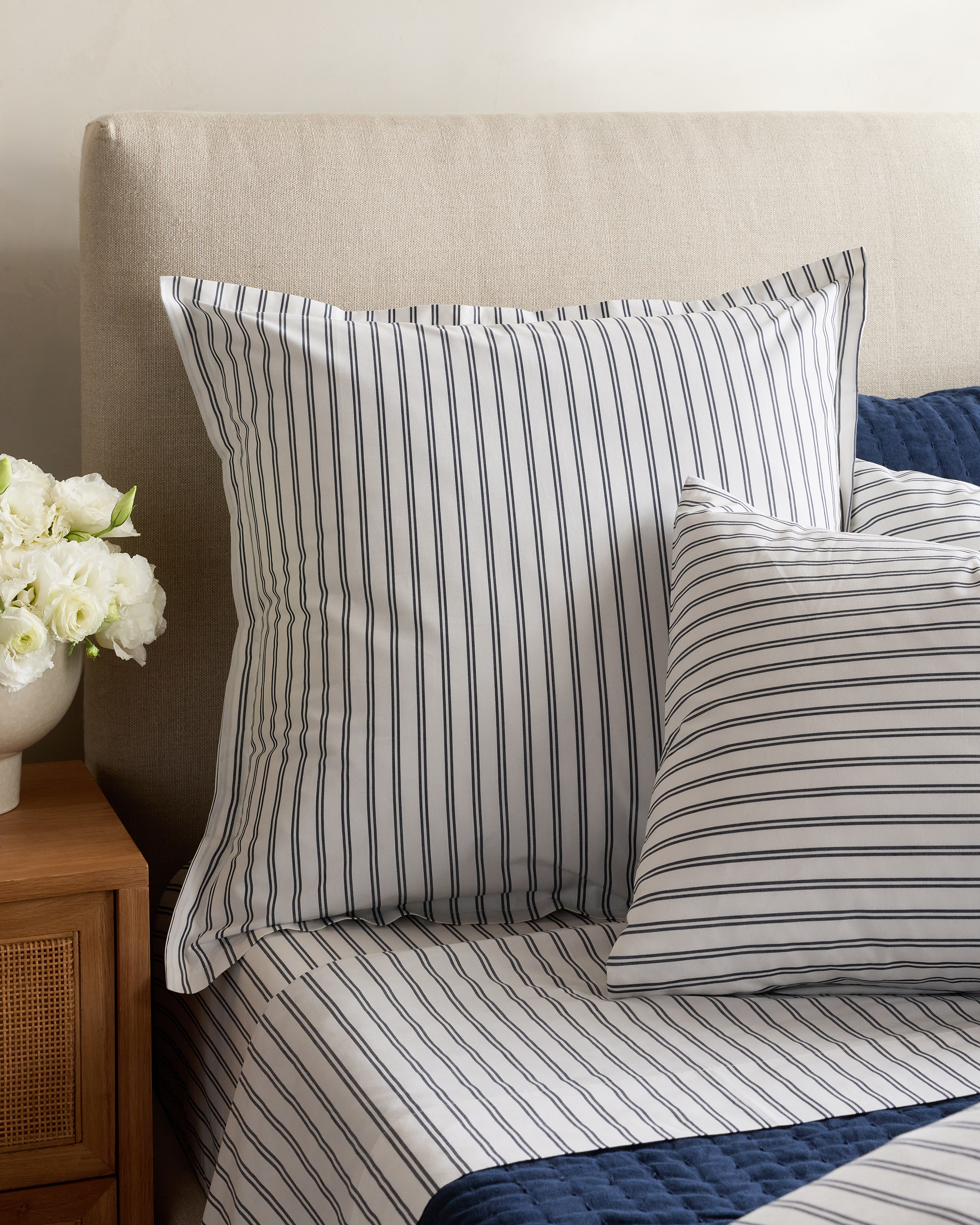 White/Navy Organic Crisp Percale Double Stripe Euro Sham